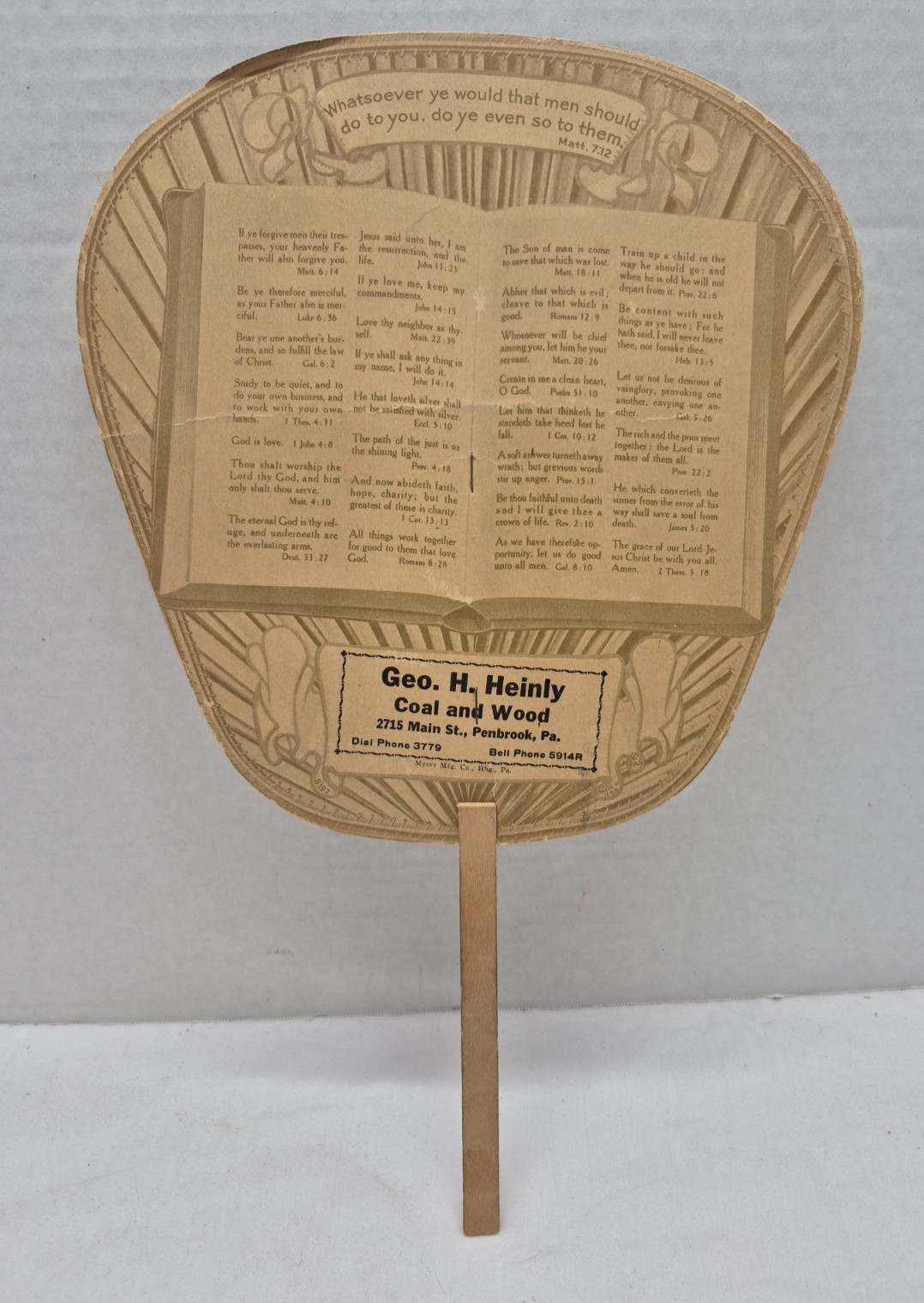 Vintage Ephemera Paper Advertising Fan 1940s Cardboard Coal and Wood Penbrook PA