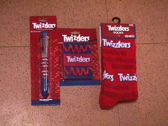 TWIZZLERS Licorice Candy SOCKS, Big ERASER + 10 Color Ink PEN iconic ad logo set