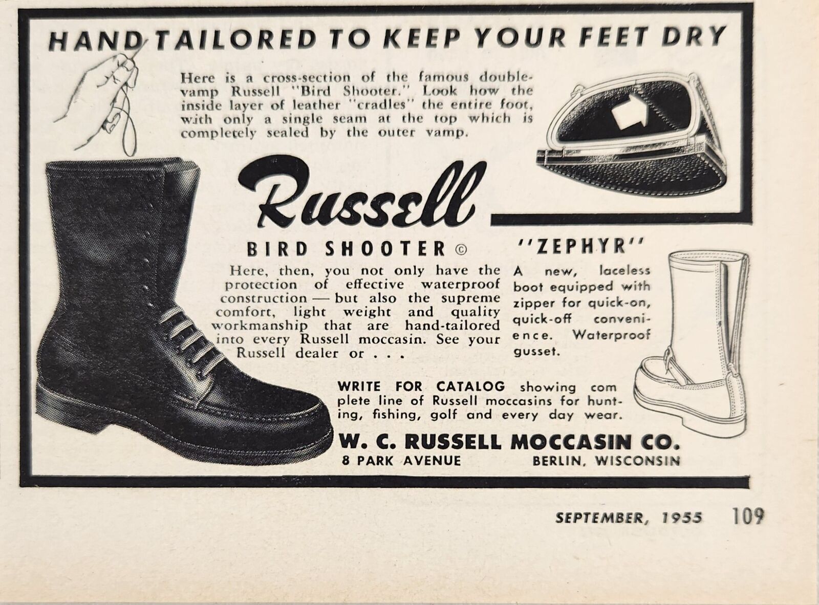 1955 Print Ad Russell Moccasin Bird Shooter Boots Berlin,Wisconsin