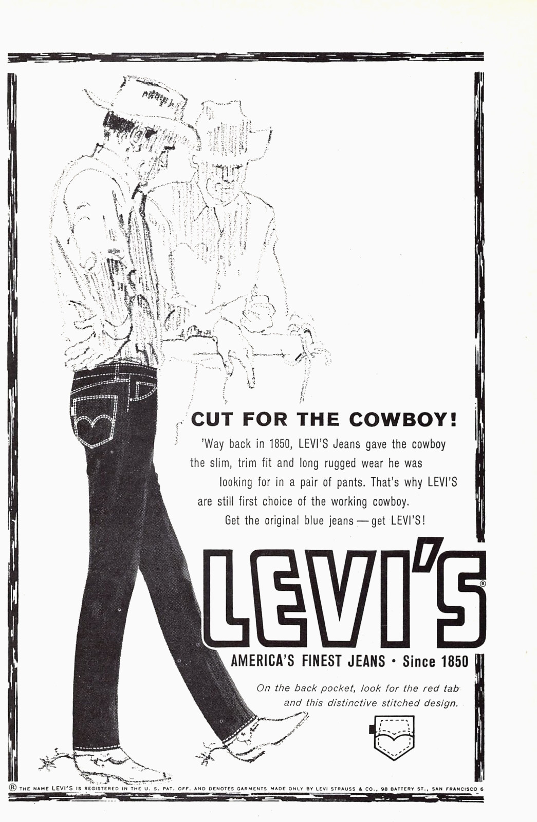 Levi’s Levi Strauss The Finest Jeans Cut For The Cowboy 5″ x 8″ Vtg Mag Print Ad