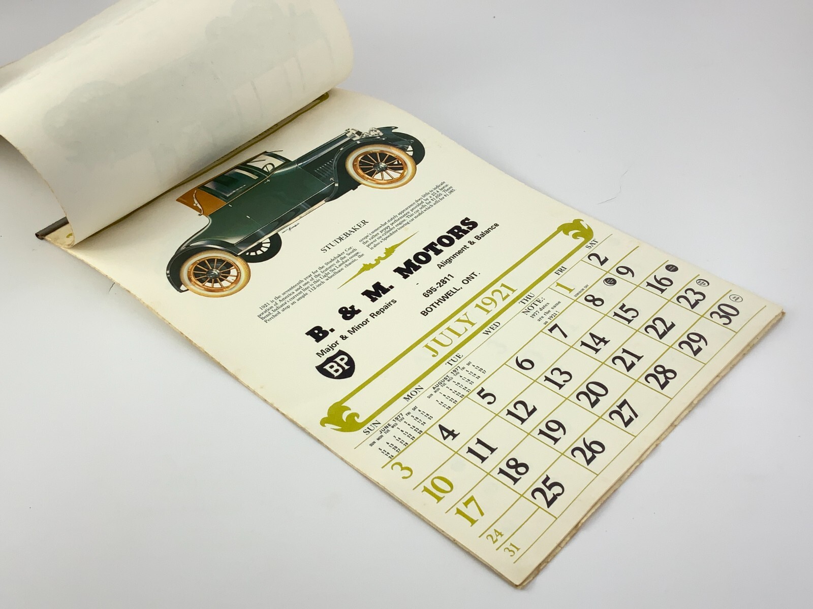 Automemories 1921 B&M Motors Bothwell Ontario 1977 Calendar Antique Cars EE640