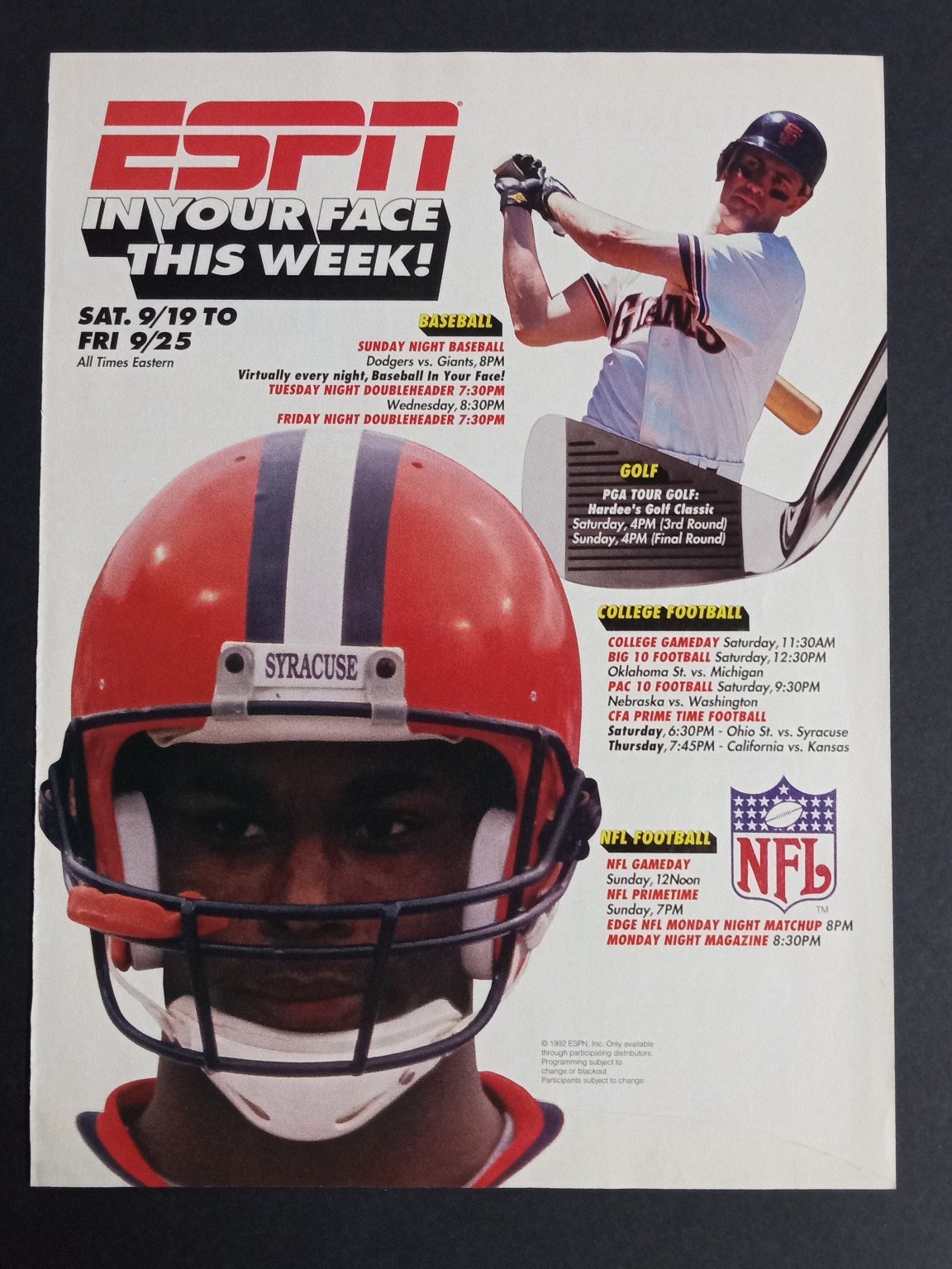 ESPN Sports Ad 1992 Baseball Football Golf Schedule Retro 90s