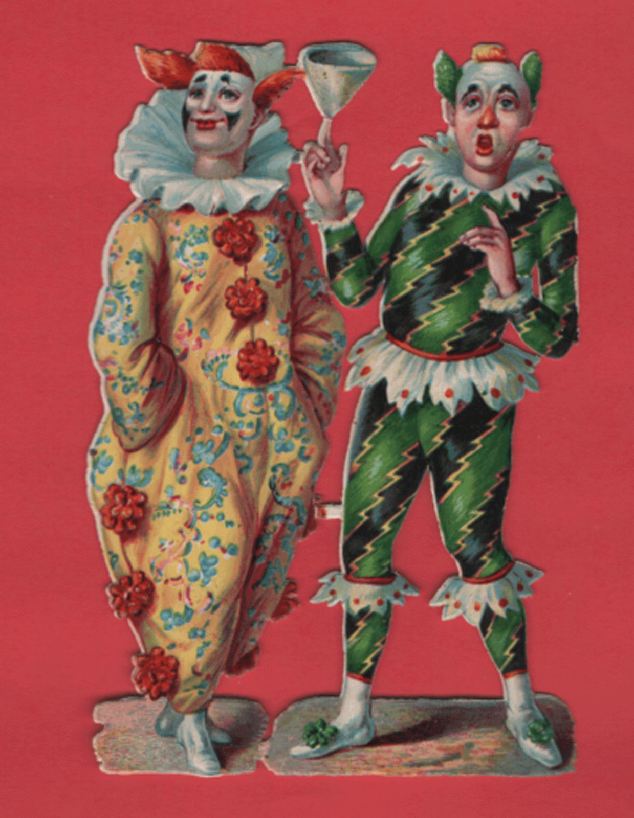 NOW ON SALE~2 DIE CUT ANTIQUE CLOWNS~SCRAPS aprox 4 5/8″ x 3 1/8″ (together) DC6