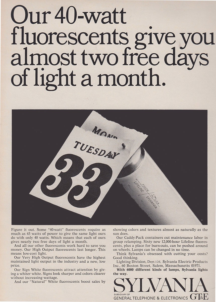 1966 Sylvania Flourescent Light: GTE 40 Vintage Print Ad