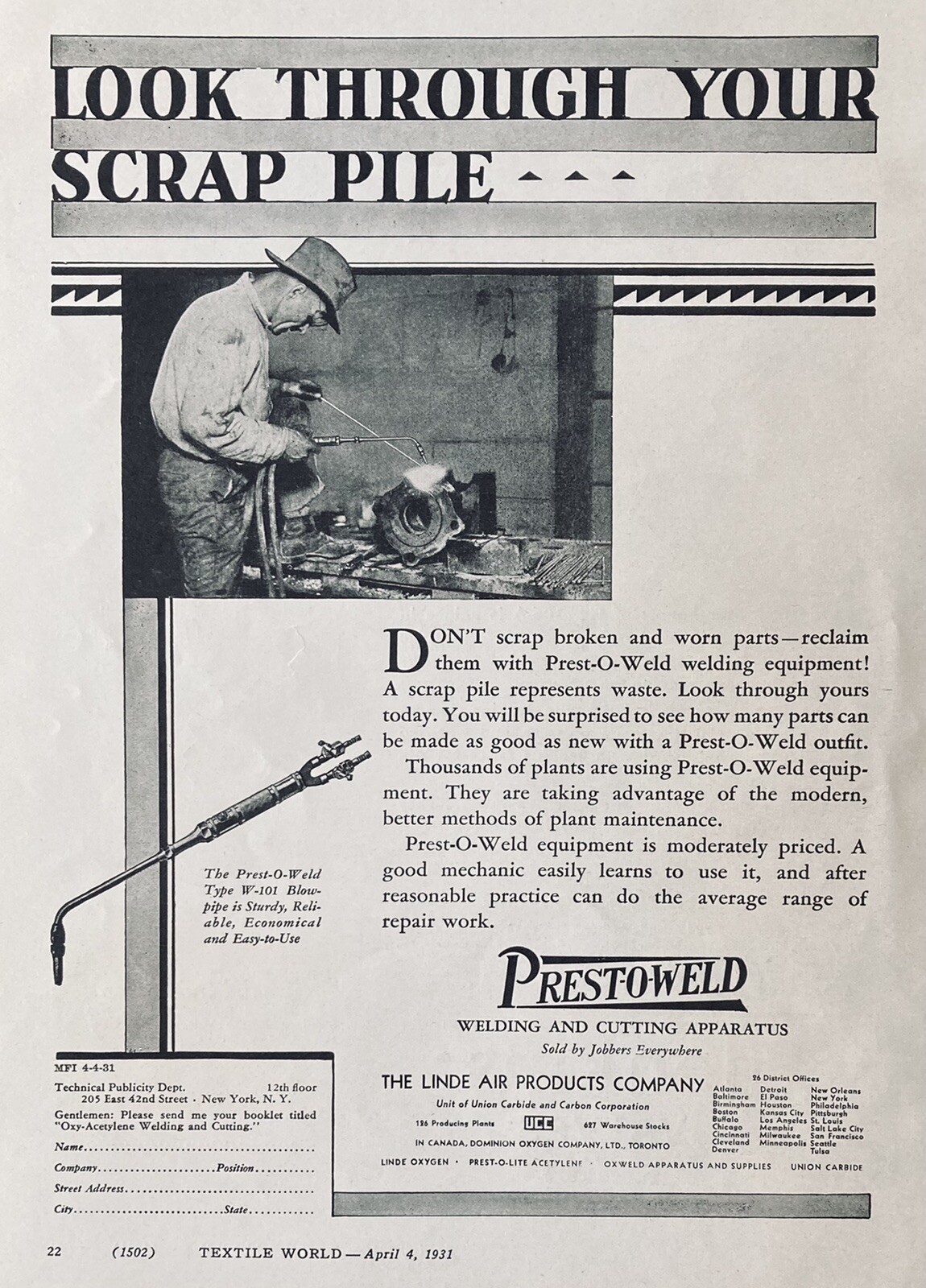 1931 AD(L18)~LINDE AIR PRODUCTS CO. PREST-O-WELD WELDING CUTTING APPARATUS