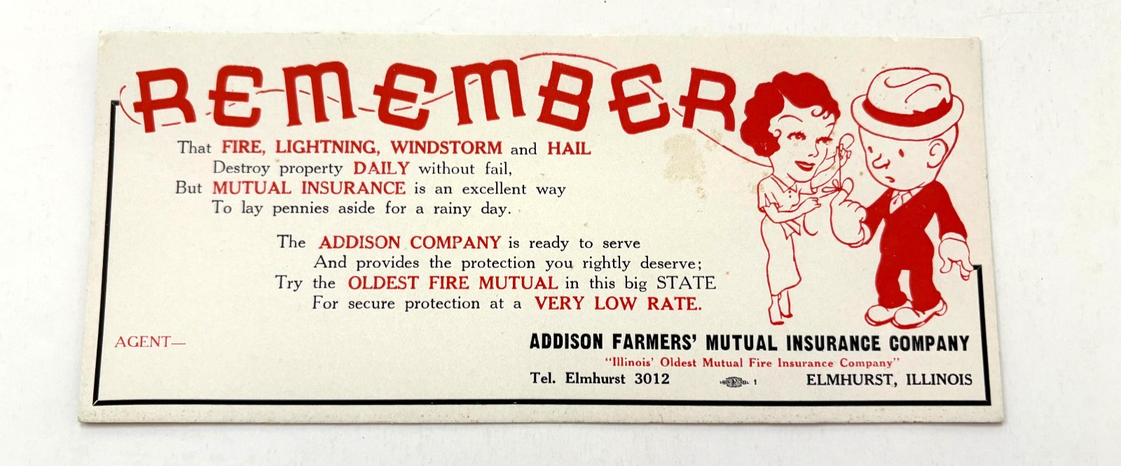 “Remember” Ad Blotter “Addison Farmer’s Mutual Insurance Co.” – Elmhurst, IL *