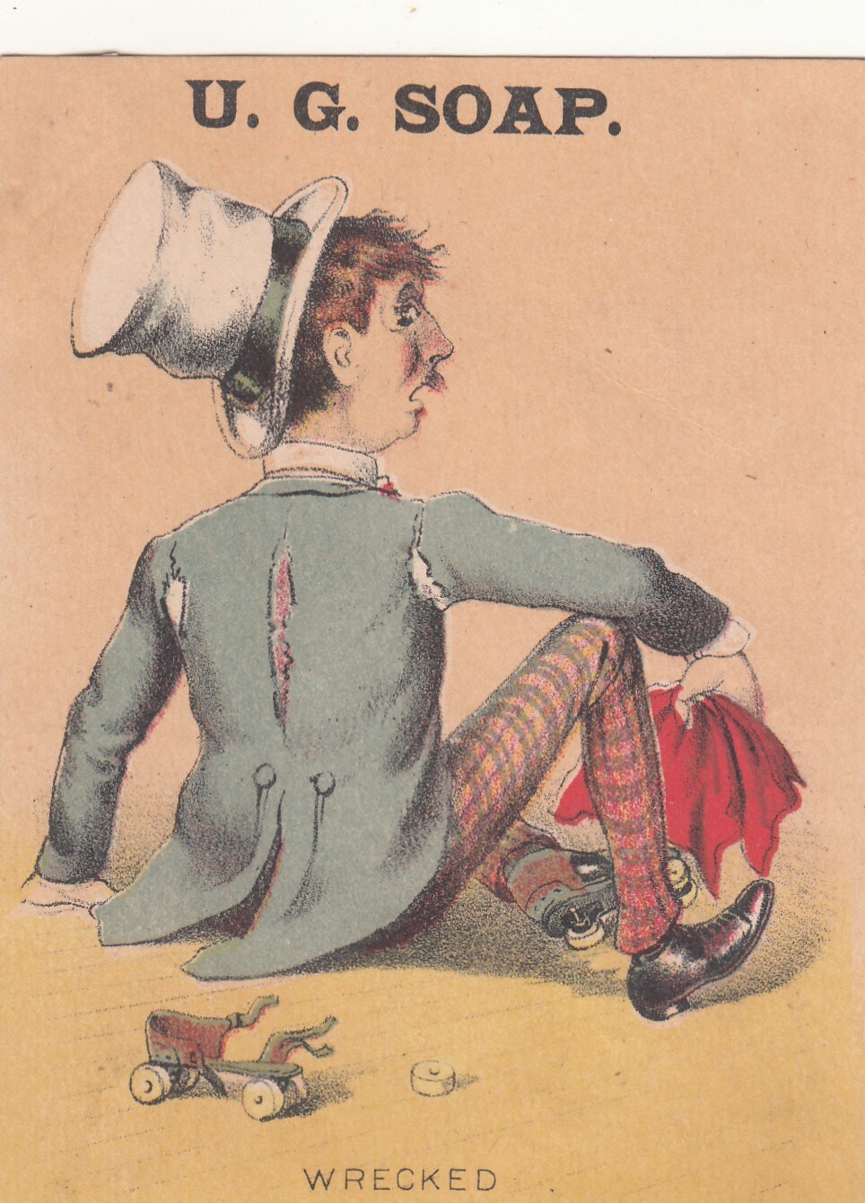 U. G. Soap WRECKED Hobo on Roller Skates Fallen Down Vict Card c1880s