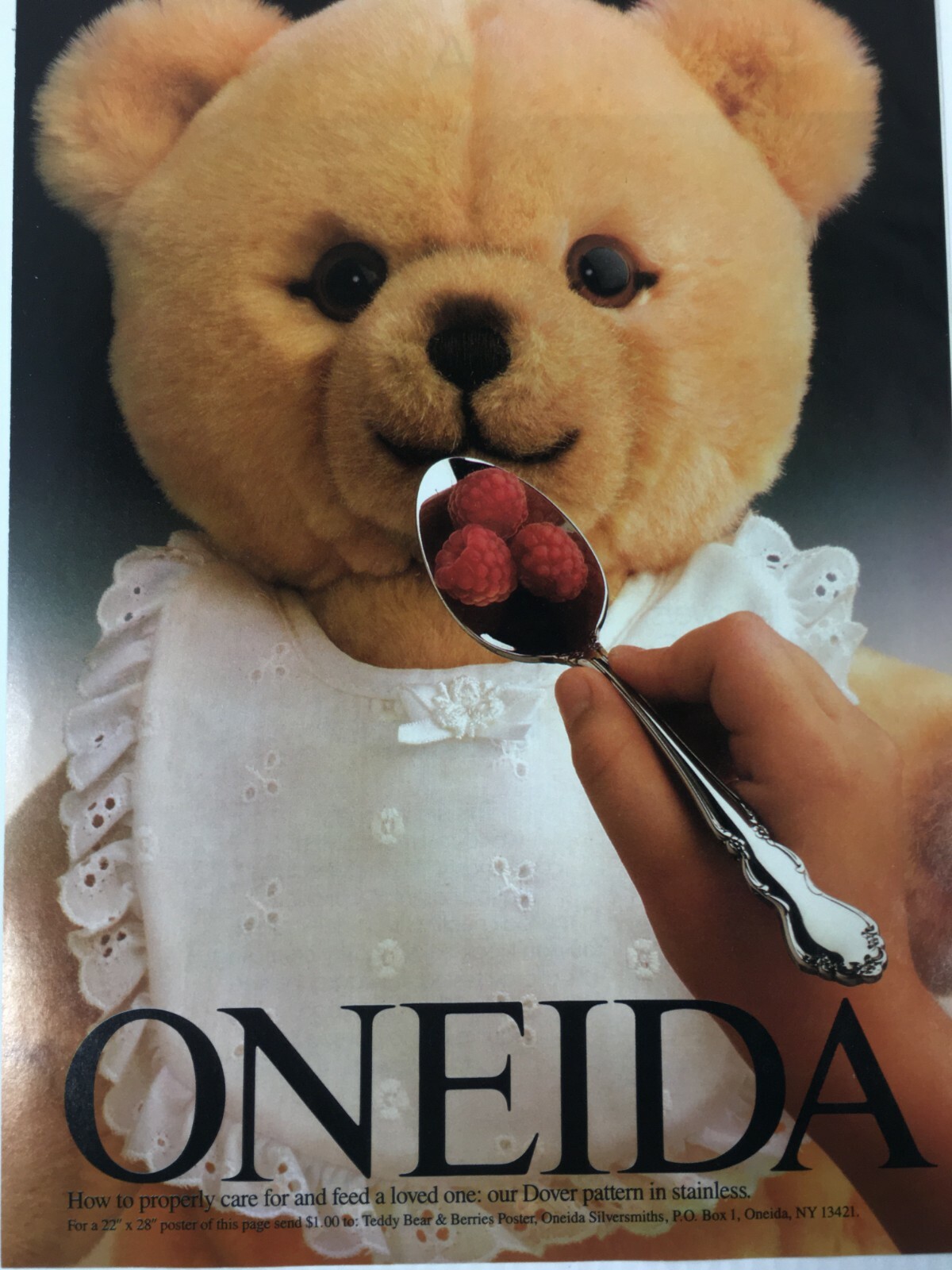 Oneida Spoon Teddy Bear and Raspberries Vintage Print Advertisement 1980s