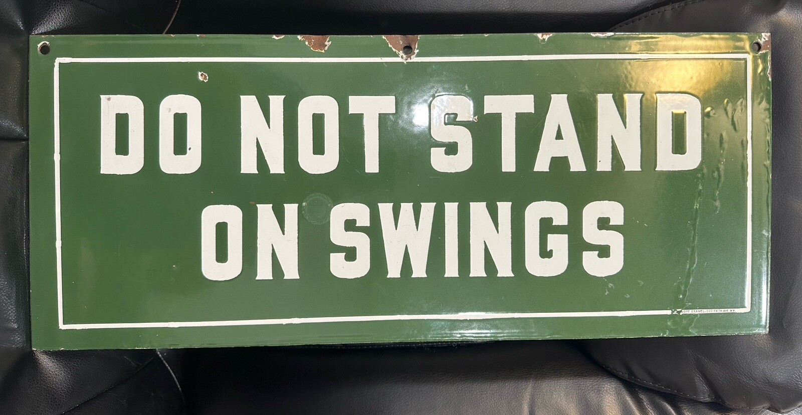 Vintage DO NOT STAND ON SWINGS Porcelain Sign Original Rare Gas Oil Warning Park