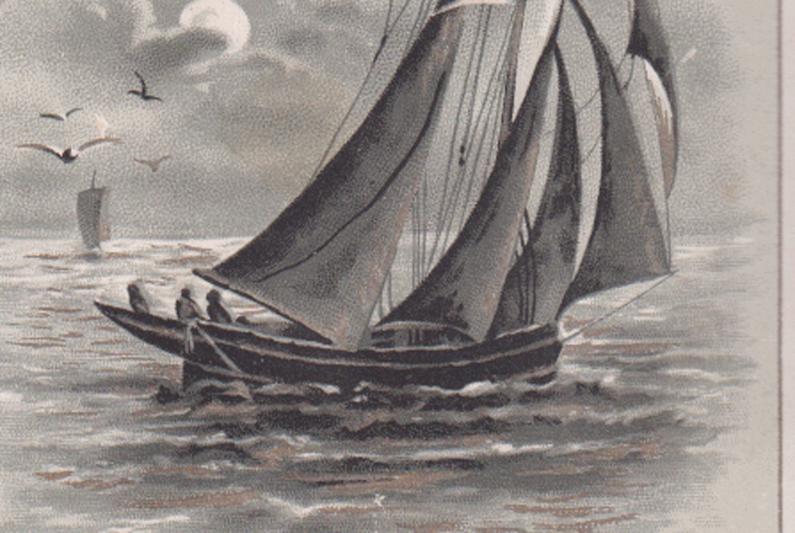 MOKASKA COFFEE TRADE CARD, NIGHT SAILING IN A SAILBOAT from ST JOSEPH MO *238*