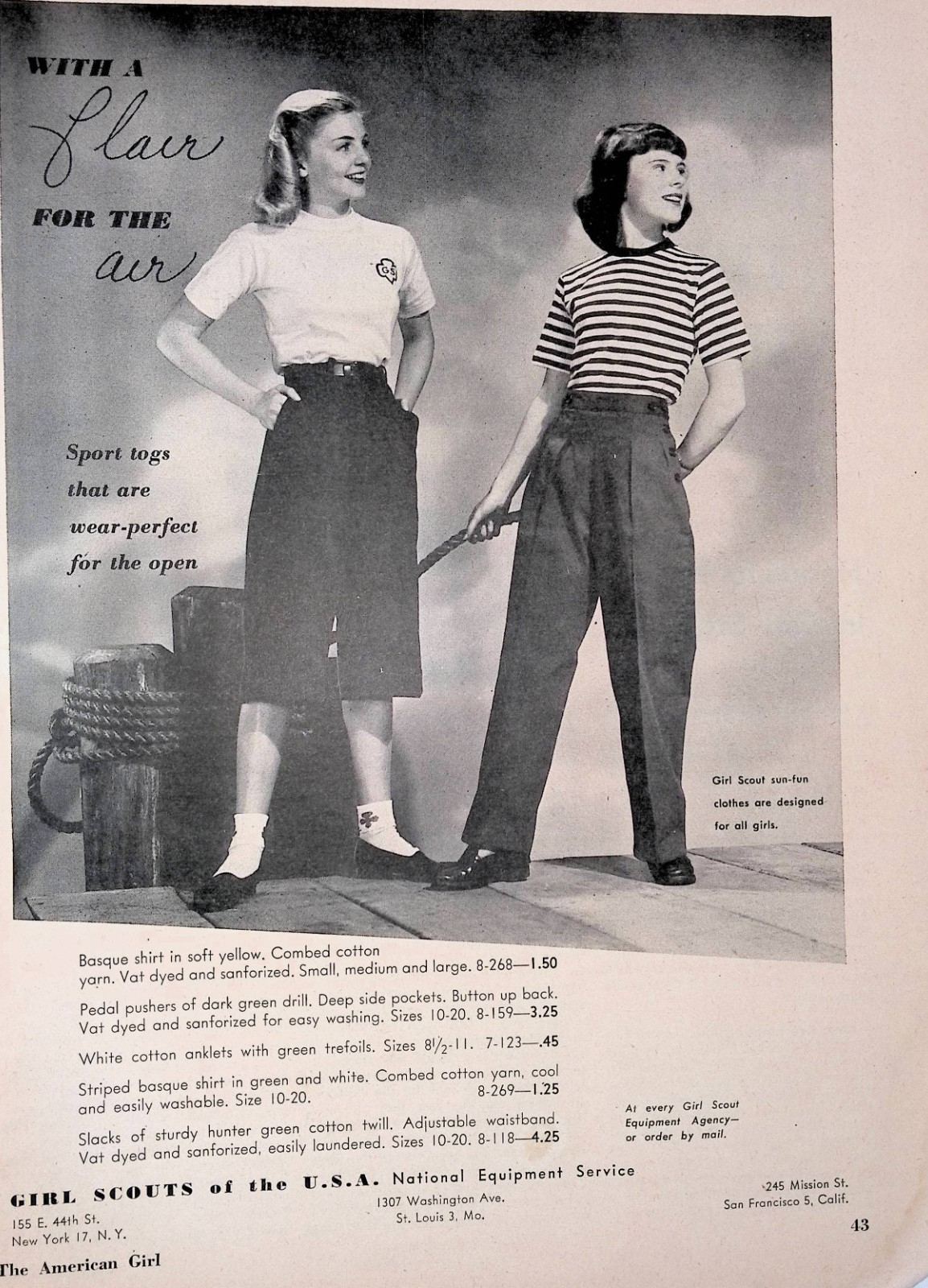 1948 Girl Scout Equipment Service Shirts and Slacks Print Ad American Girl April
