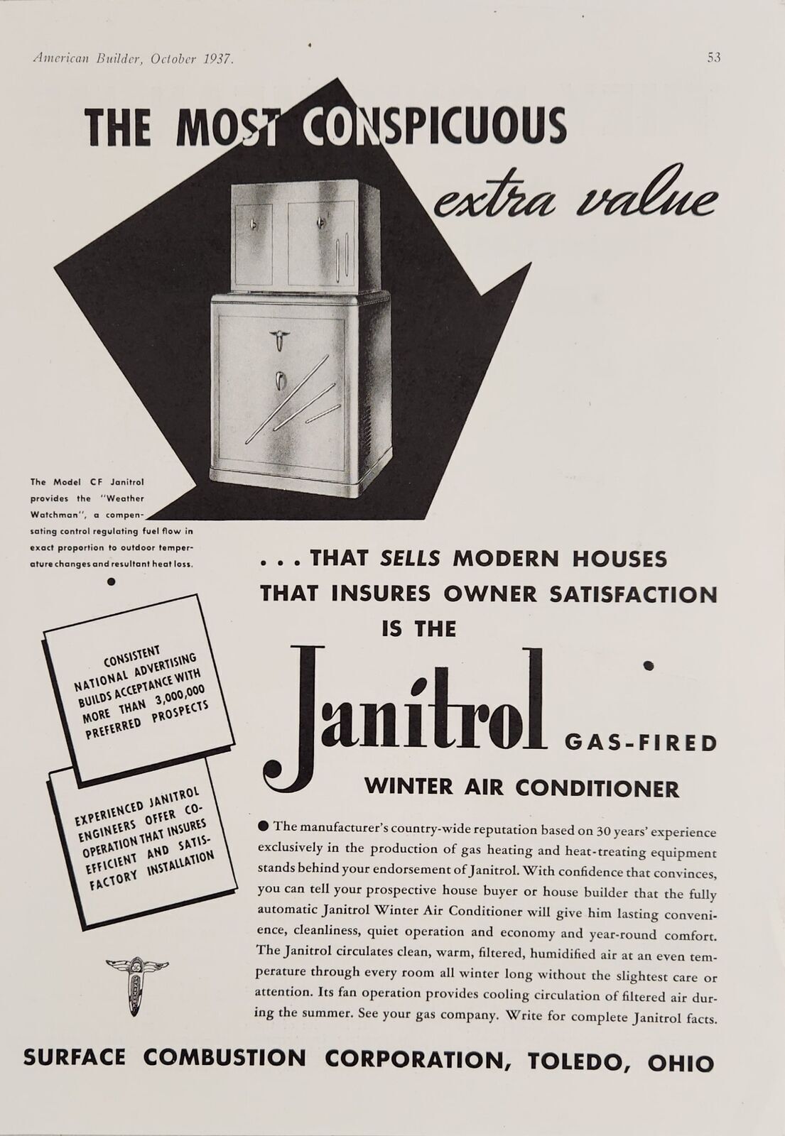 1937 Ad Janitrol Gas-Fired Winter Air Conditioners Surface Combustion Toledo,OH