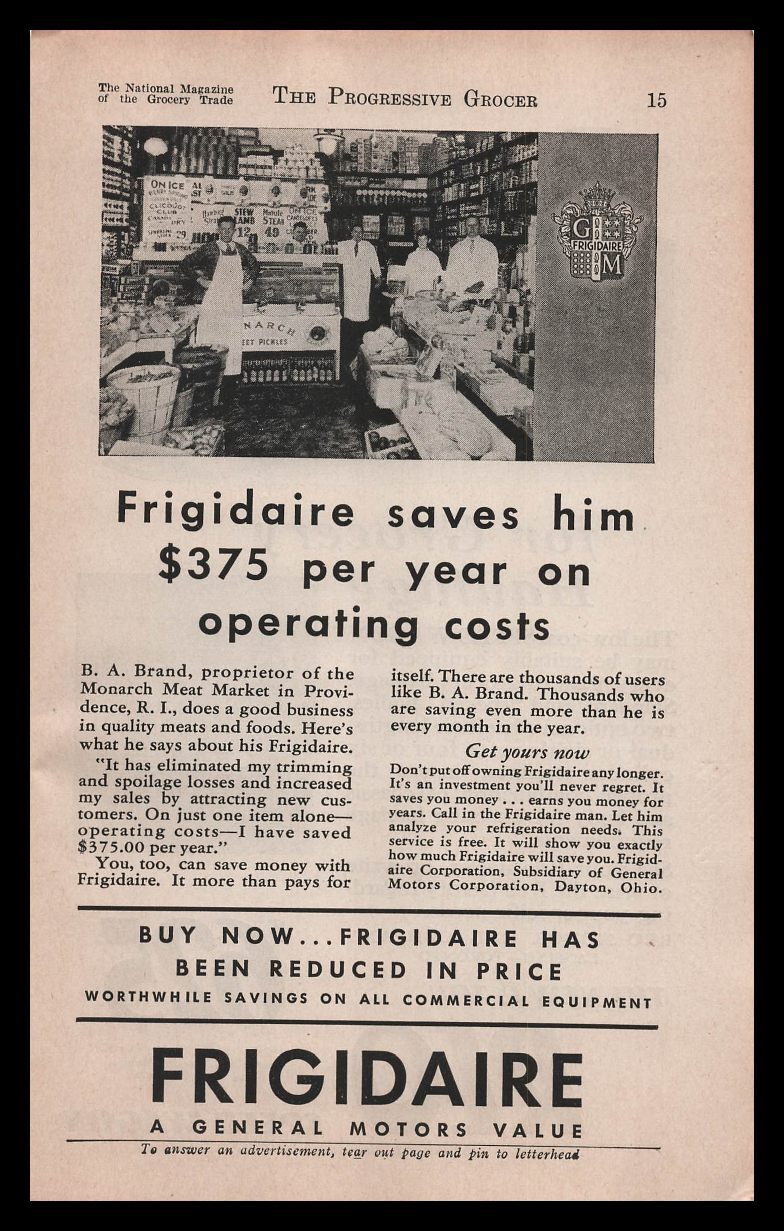 1931 Monarch Meat Market Photo Providence Rhode Island Frigidaire GM Print Ad