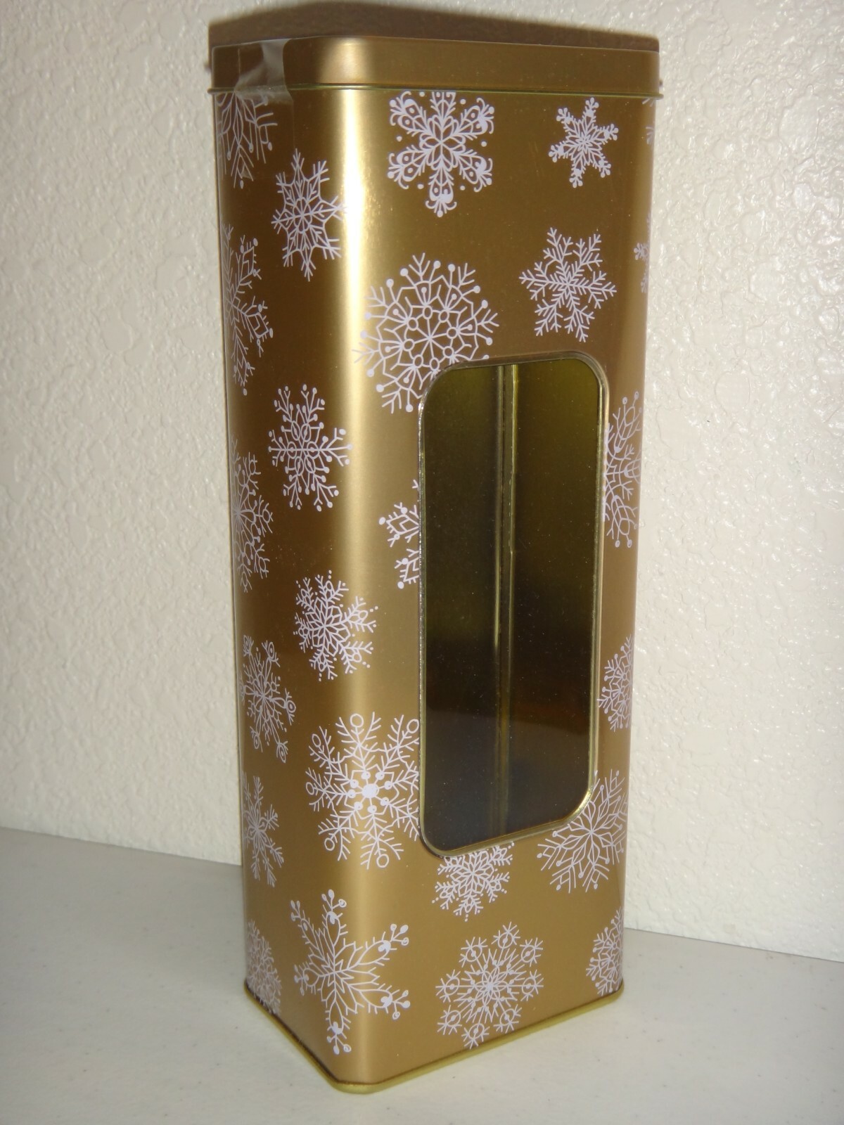 Snowflakes Gold Metal Tin w/ Window & Removable Lid Empty Box 10″ x 3.5″ x 2.5″