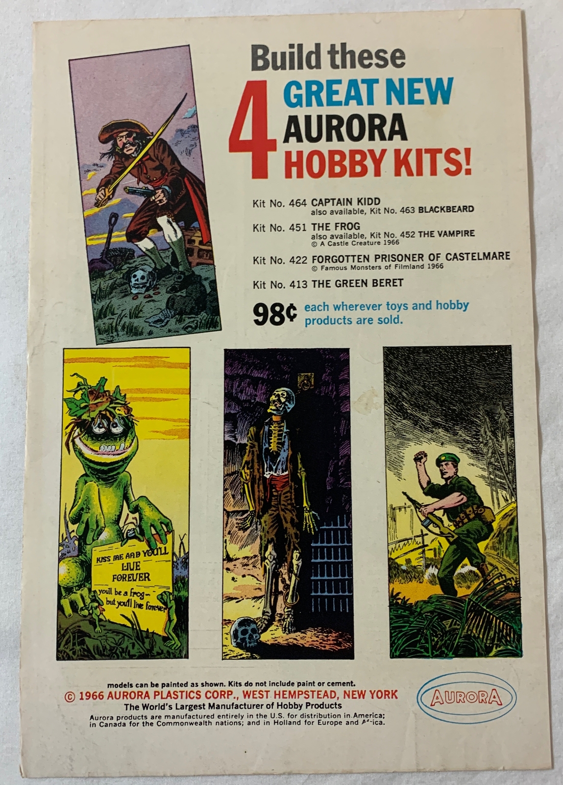 1966 Aurora ad page~ CAPTAIN KIDD, THE FROG, GREEN BERET, PRISONER OF CASTLEMARE