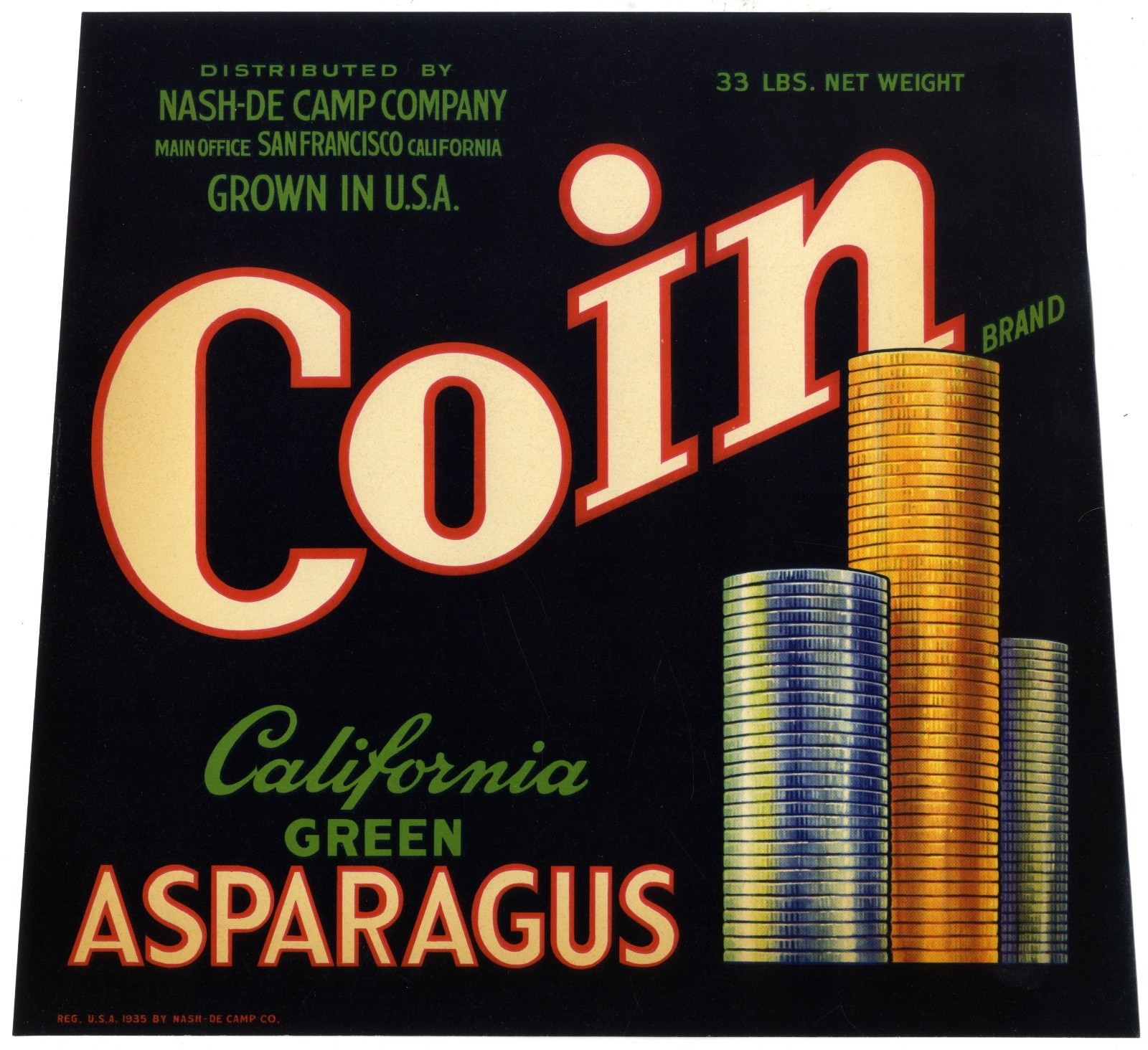 COIN~STACKS $$ U.S. CURRENCY~ORIGINAL 1940s OLD CALIFORNIA ASPARAGUS CRATE LABEL