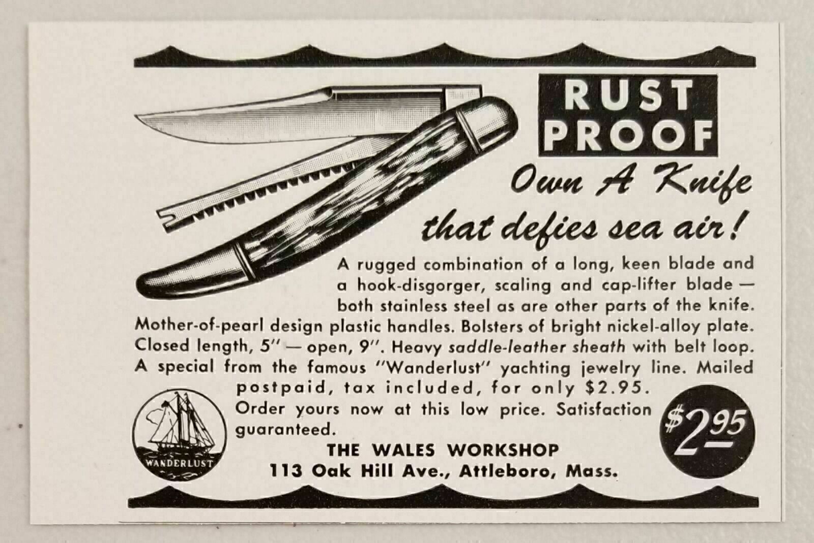 1949 Print Ad Pocket Knife Rust Proof Wales Workshop Attleboro,MA