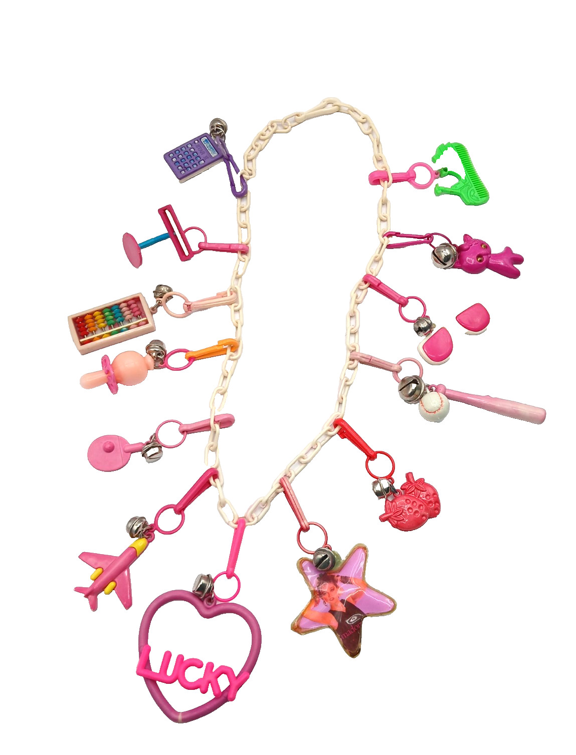Vintage 80s Bell Charm Necklace w/ 13 Plastic Clip Charms Madonna Flawed Read