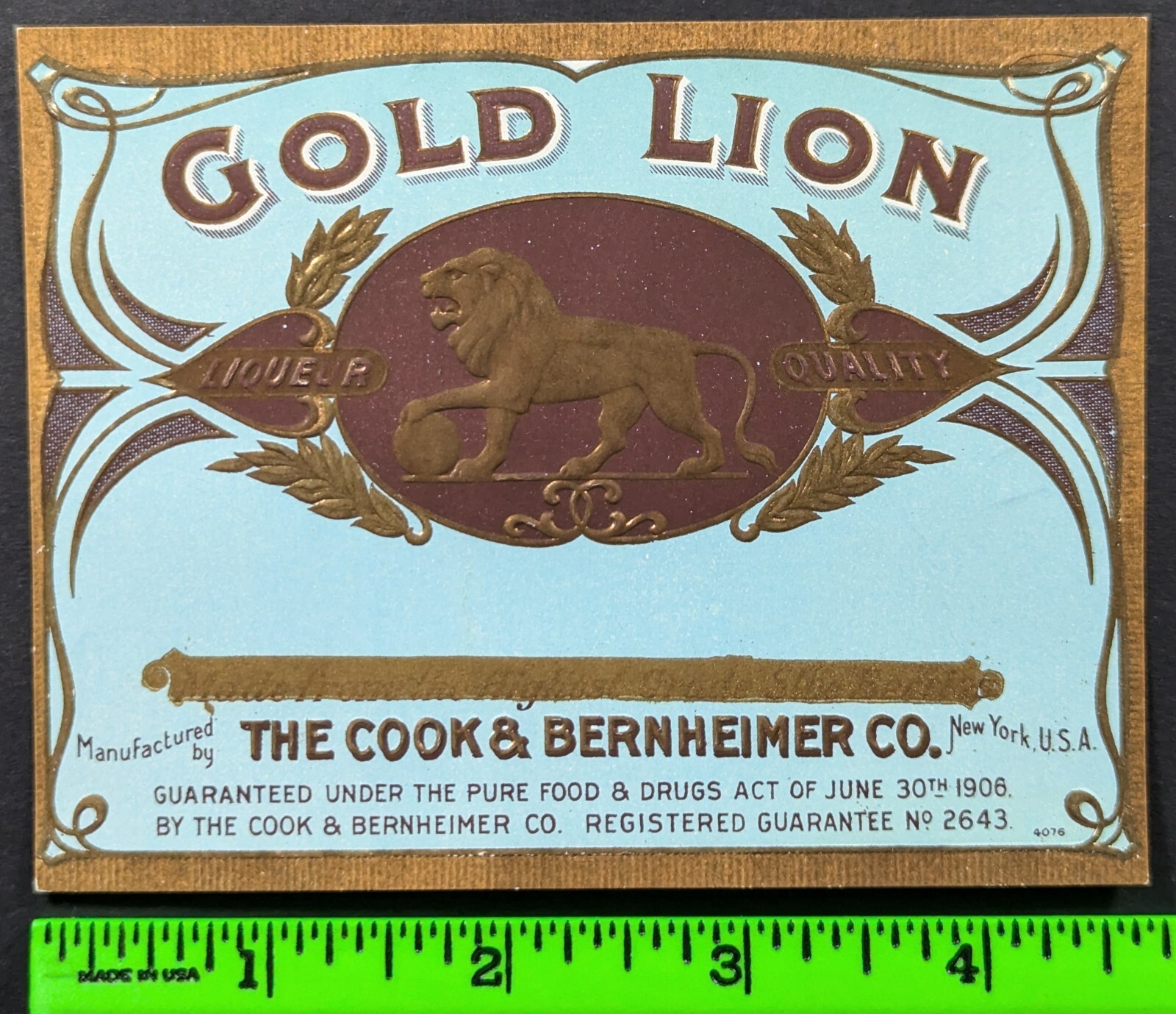 Vintage Gold Lion Cook & Bernheimer Alcohol Beverage Label