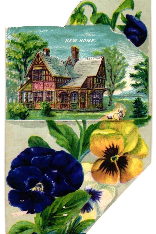 Antique 19th C. Calling Card “New Home” Floral Scene Pansies Trade Card