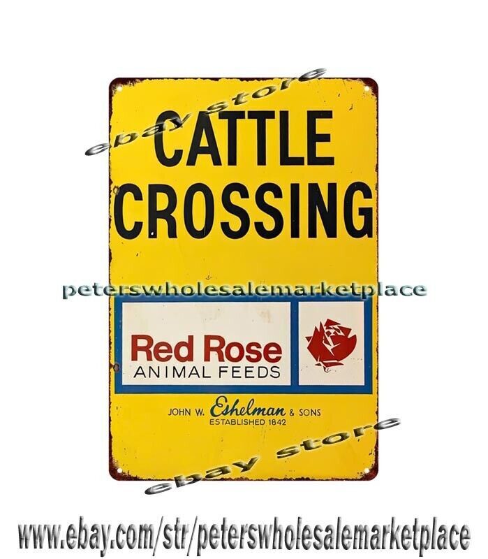 Red Rose Animal Feeds Cattle Crossing farm barn metal tin sign wall decals