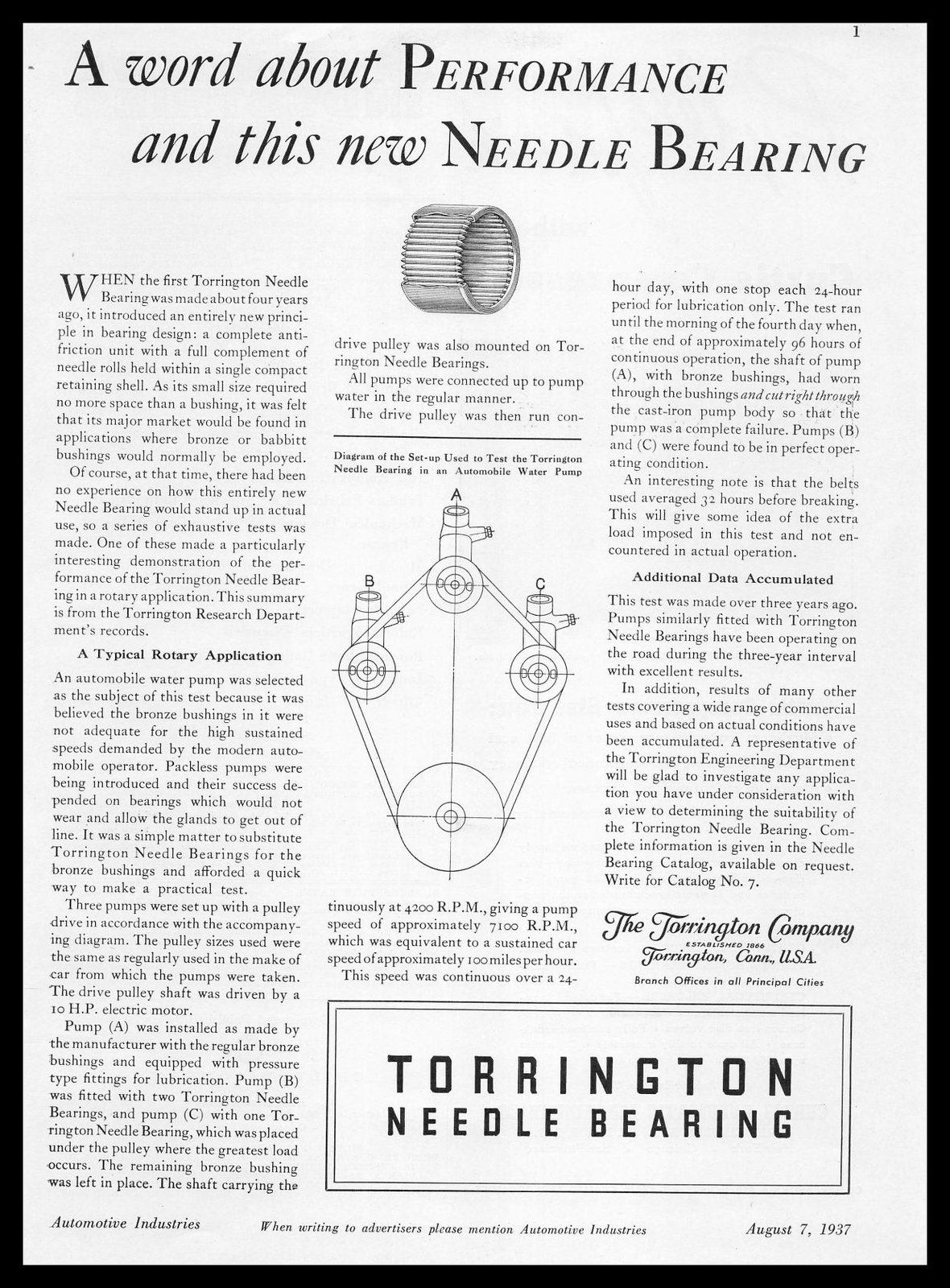 1937 Torrington Needle Bearing In Automobile Water Pump Diagram Vintage Print Ad