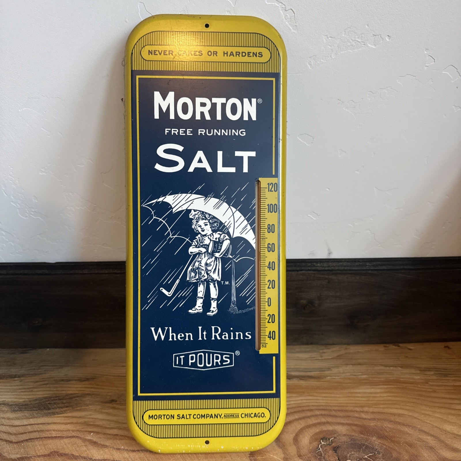 Vintage Morton Free Running Salt Metal Advertising Thermometer Sign – Works