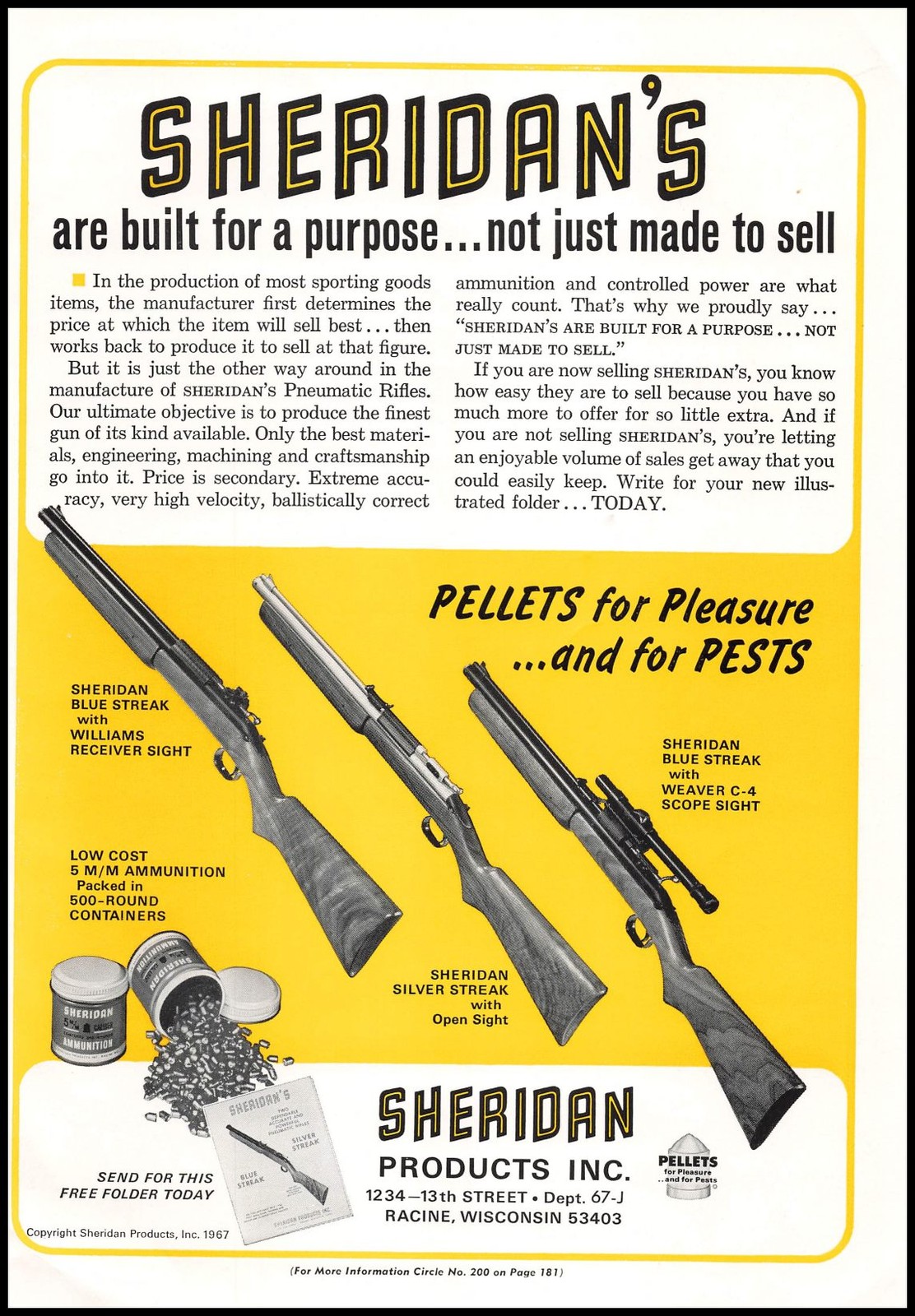 1967 Sheridan Racine WI Pneumatic Pellet Rifles For Pleasure And Pests Print Ad