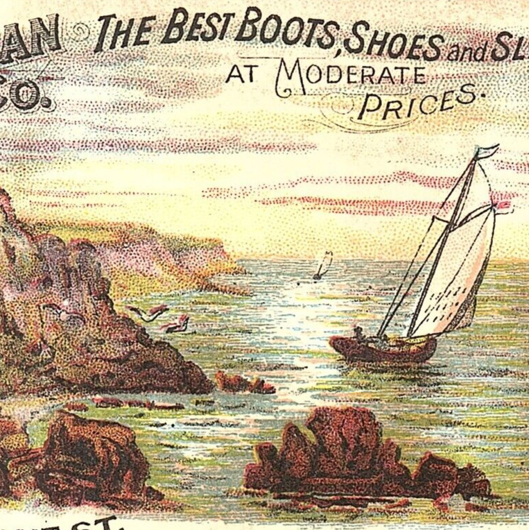 Brennan & Co. Boots Shoes Victorian Trade Card Sailboat Ship Cliffs a/s Bufford