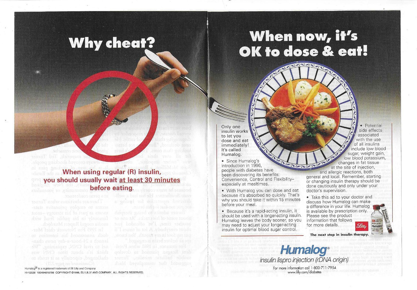 1998 Humalog “Why Cheat? When Now, It’s OK To Dose & Eat!” 2-Page Print Ad