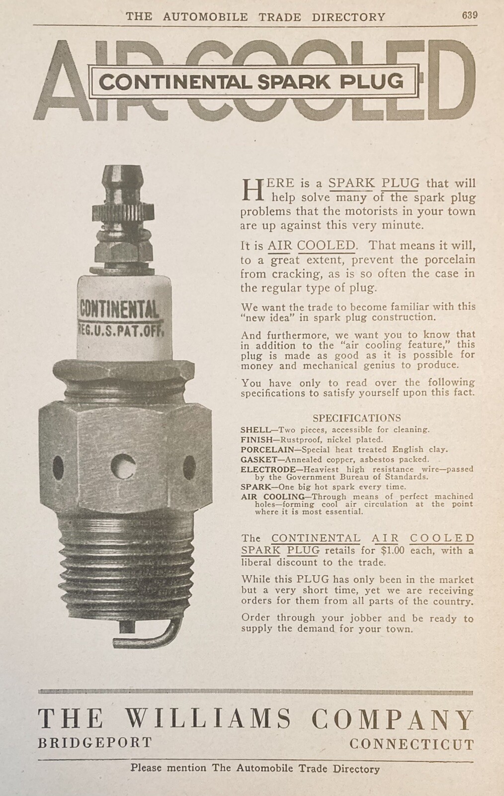 1920 AD(M5)~THE WILLIAMS CO. BRIDGEPORT, CT. AIR COOLED CONTINENTAL SPARK PLUGS