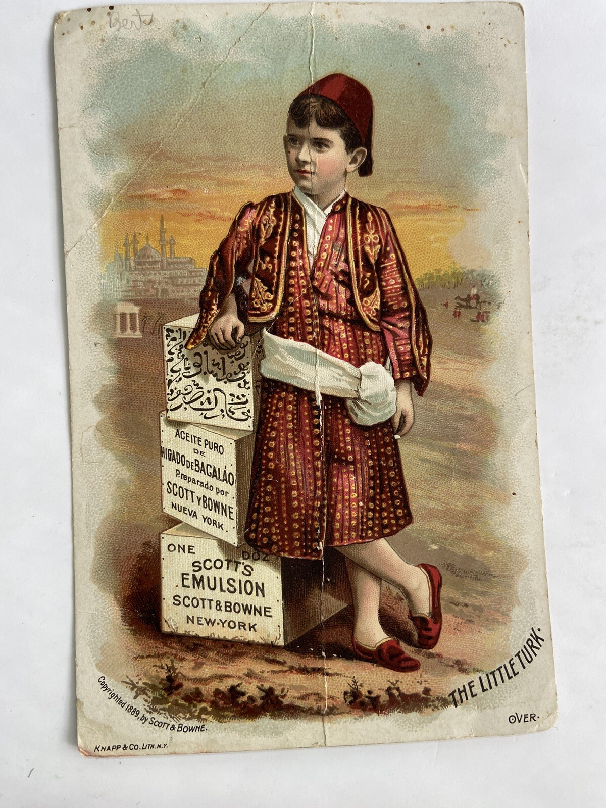 c1880s VICTORIAN Trade Card Ad SCOTT’S EMULSION Little Turk 3.5 x 5″ A76