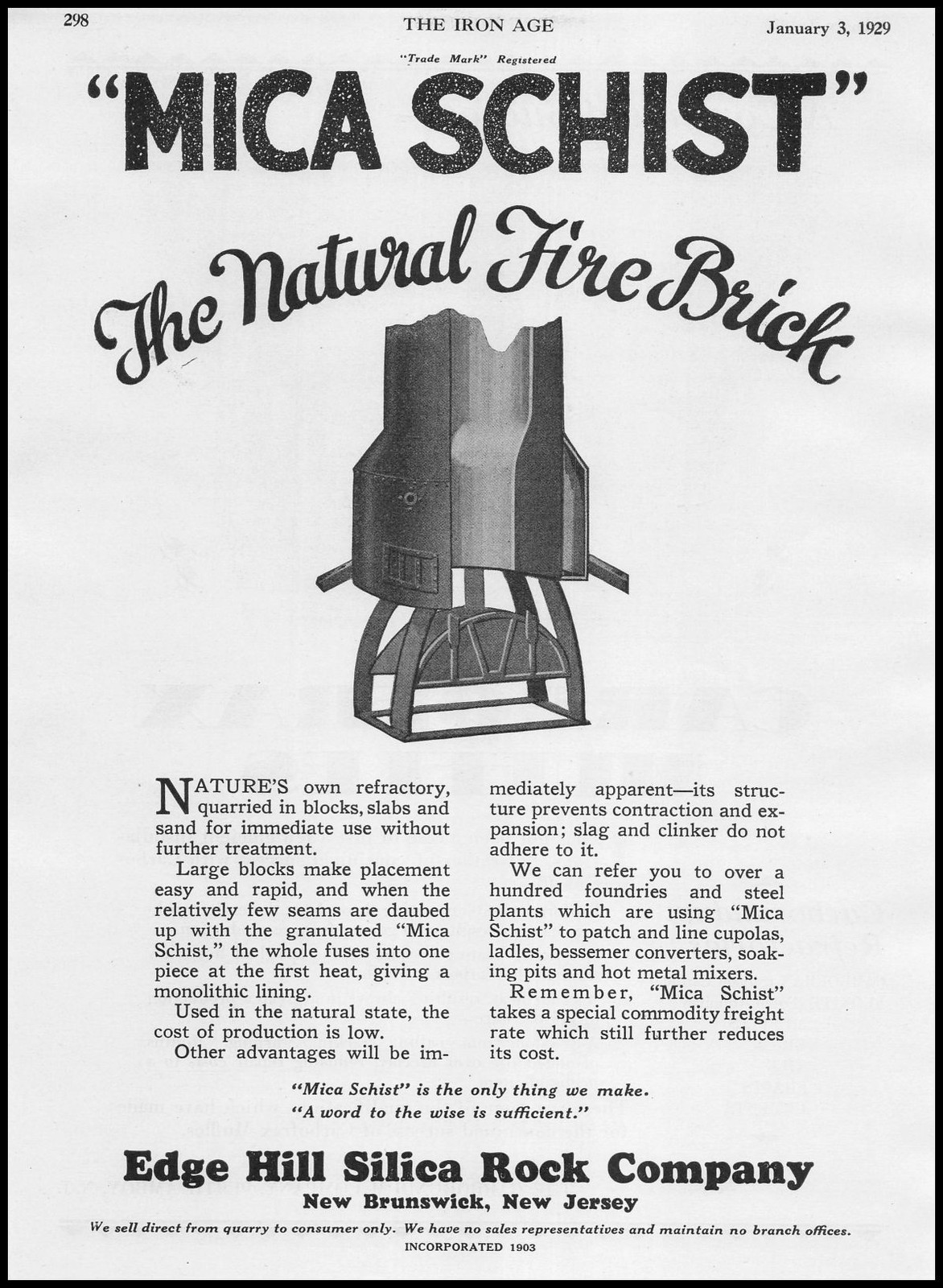 1929 Edge Hill Silica Rock Co. New Brunswick NJ Mica Schist Fire Bricks Print Ad