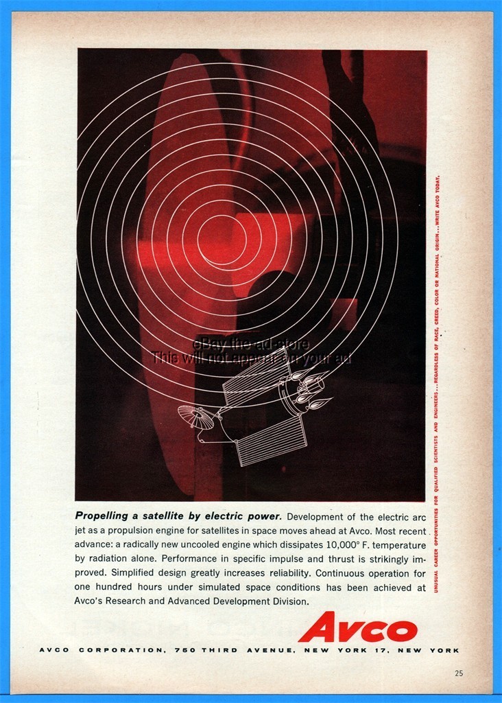 1961 AVCO NY Propelling Satellite By Electric Arc Jet Propulsion Power Art Ad