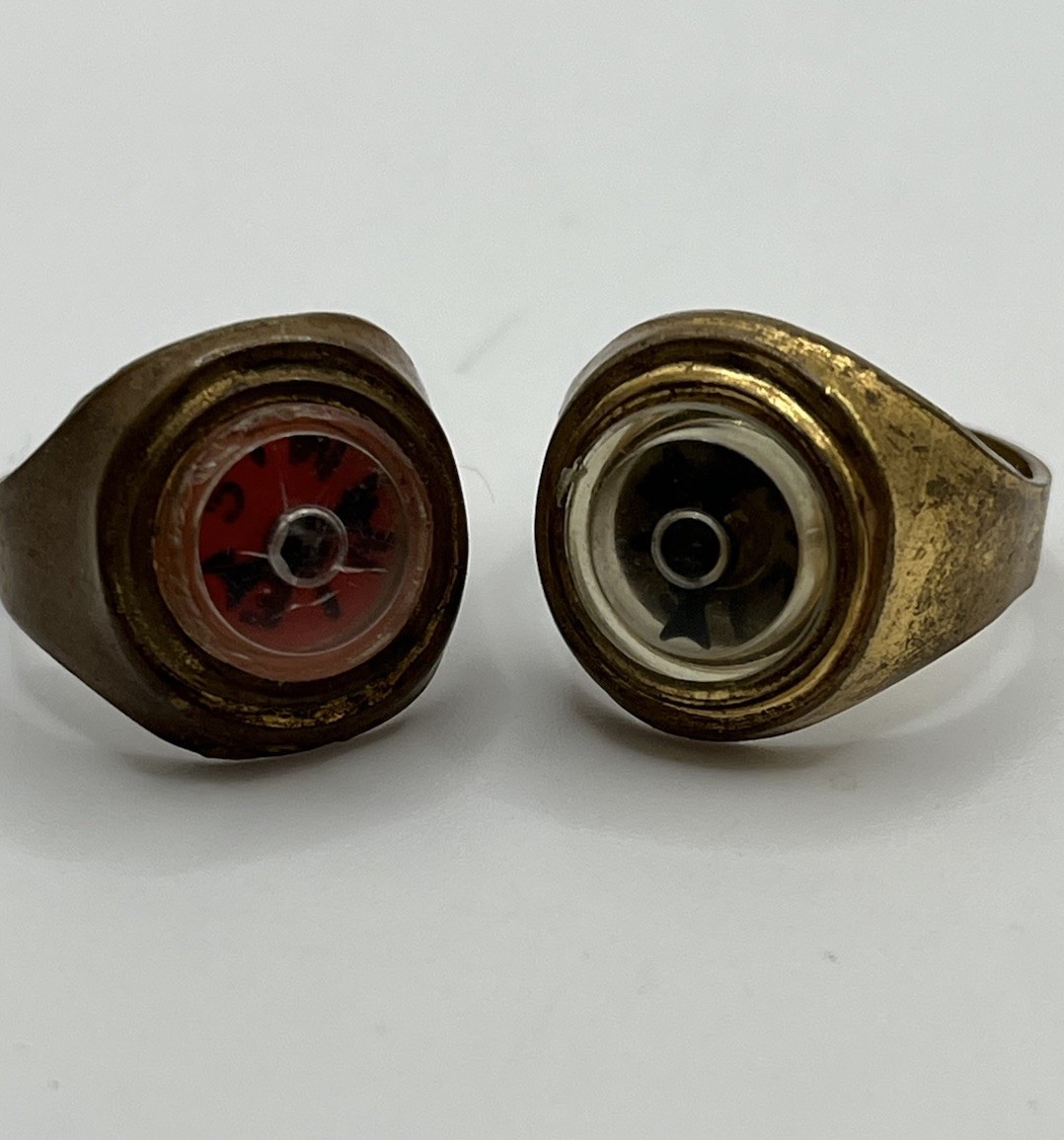 Kids Junk Drawer Compass Ring Adjustable Brass Bands Red & Black 1930 Set Of 2