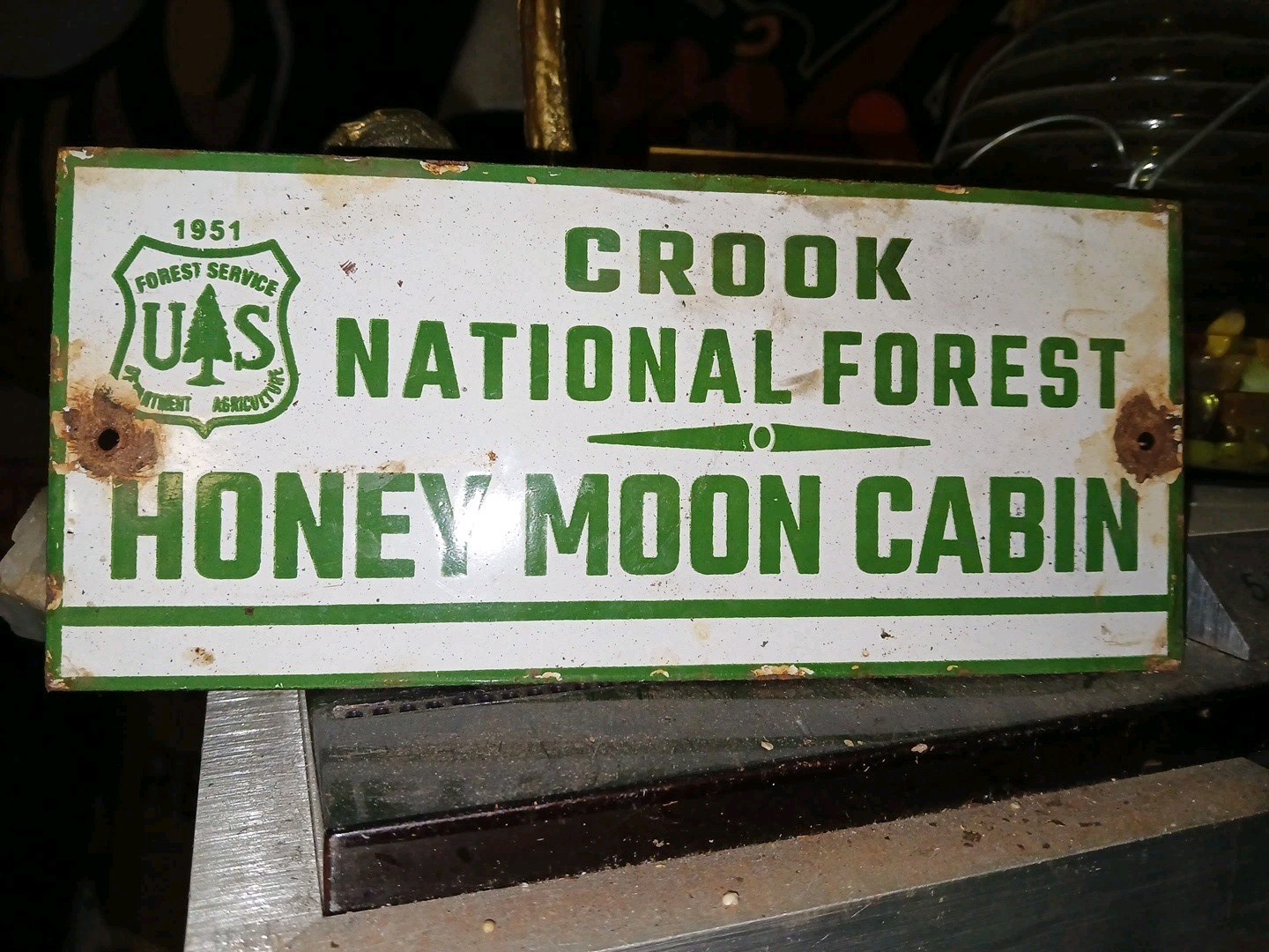 Vintage US Forestry Service Porcelain Sign 1951 Crook National Forest Honey Moon