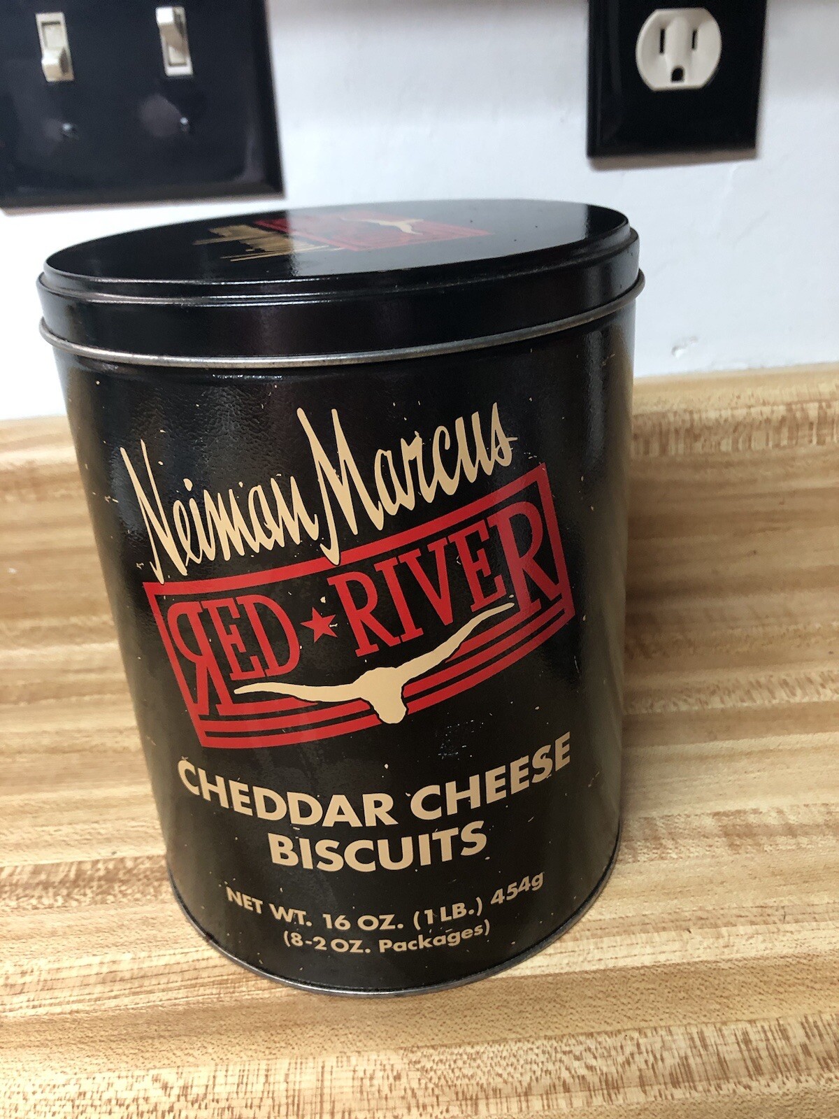 Vintage Neiman Marcus Red River Black Metal Tin For Cheddar Cheese Biscuits