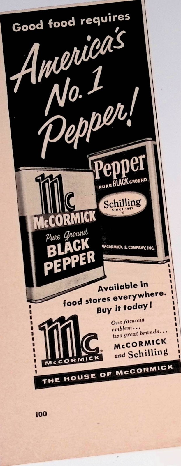 1955 McCormick Black Pepper Schilling Pepper Seasoning Print Ad Life Aug 22
