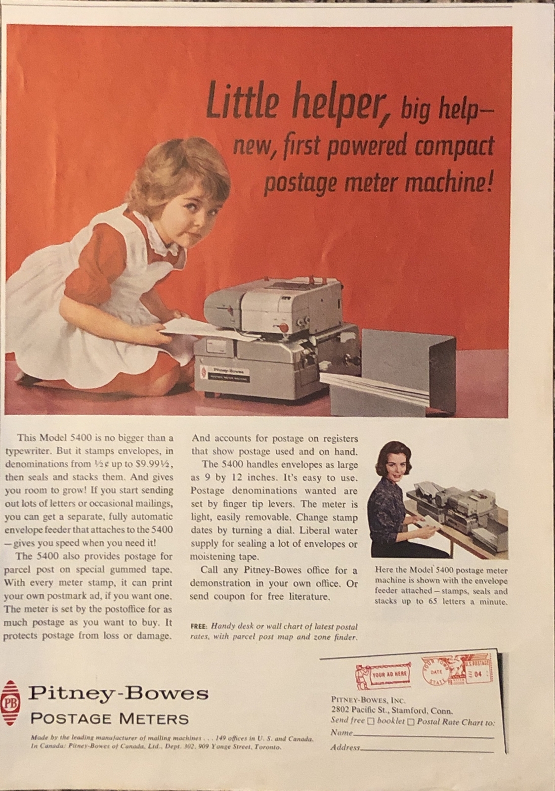 1961 Pitney-Bowes Postage Meters PRINT AD Little Helper – Big Helper VTG 1960s