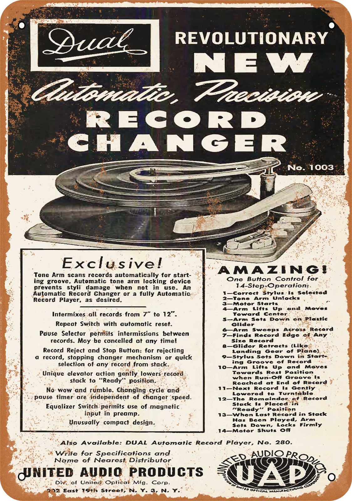 METAL SIGN – 1955 Dual Turntables – Vintage Look Reproduction
