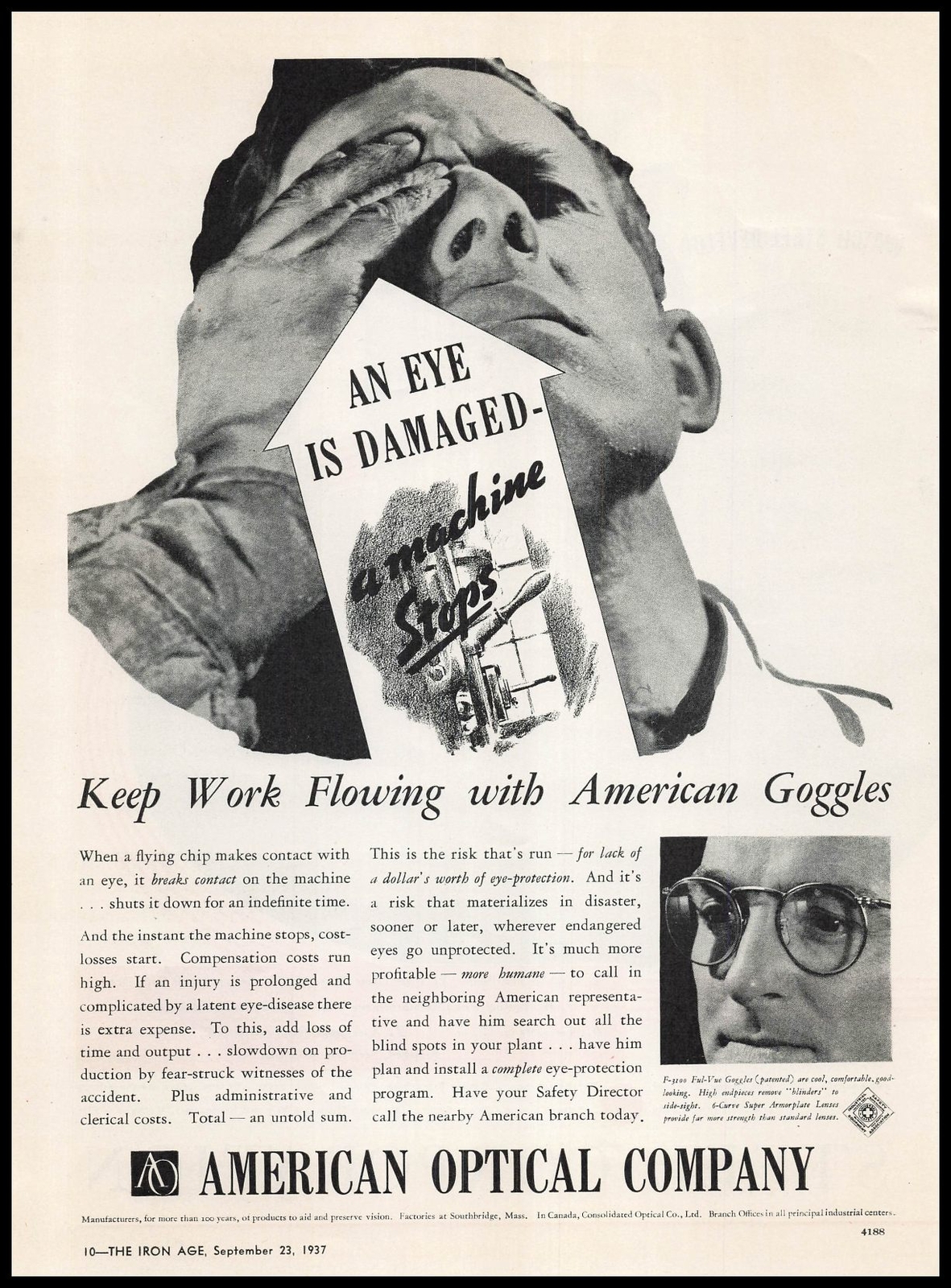 1937 American Optical Company Factory Plan Ful-Vue Goggles Vintage Print Ad