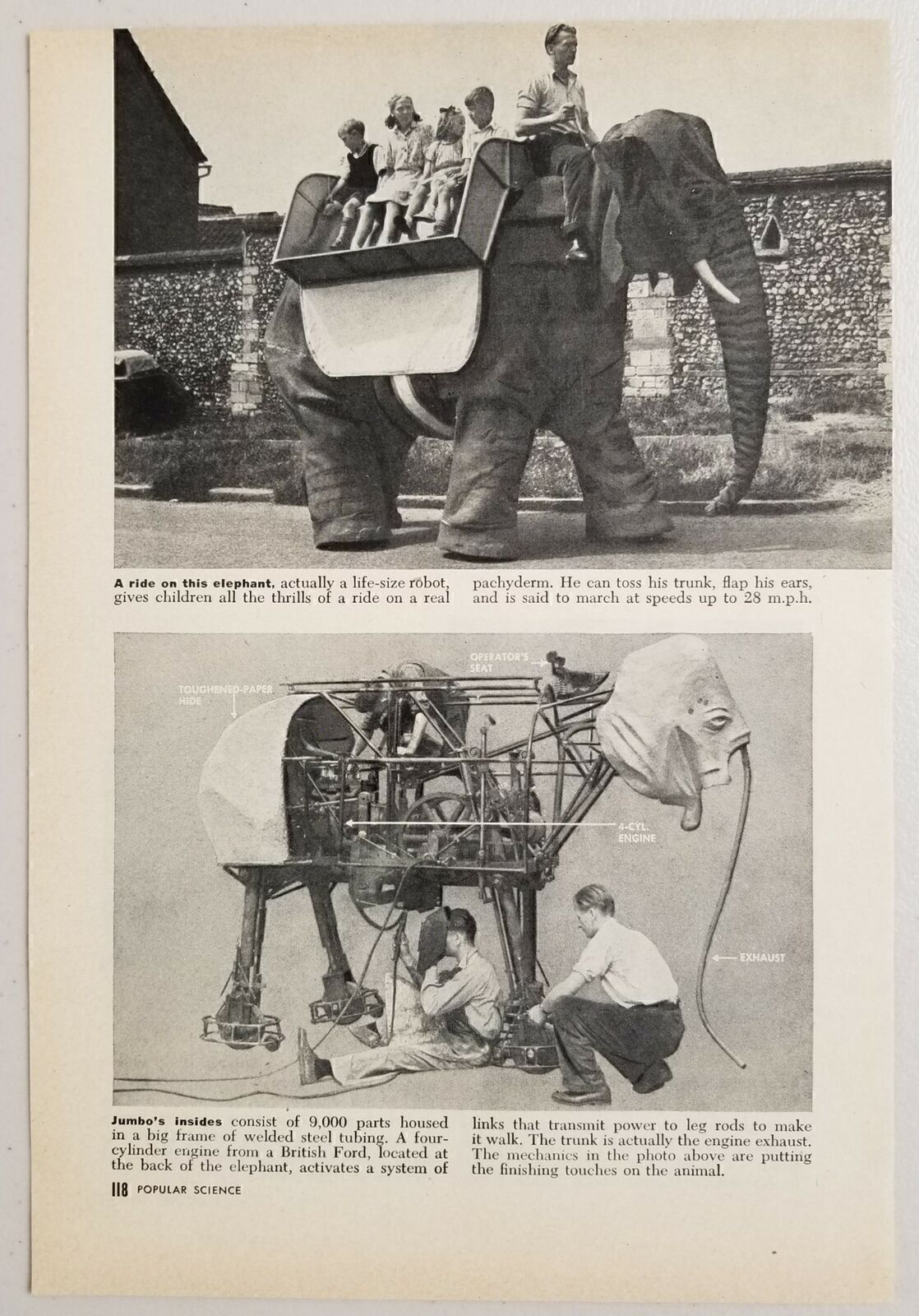 1950 Magazine Photo Article Jumbo Elephant Robot Kids Ride on Back