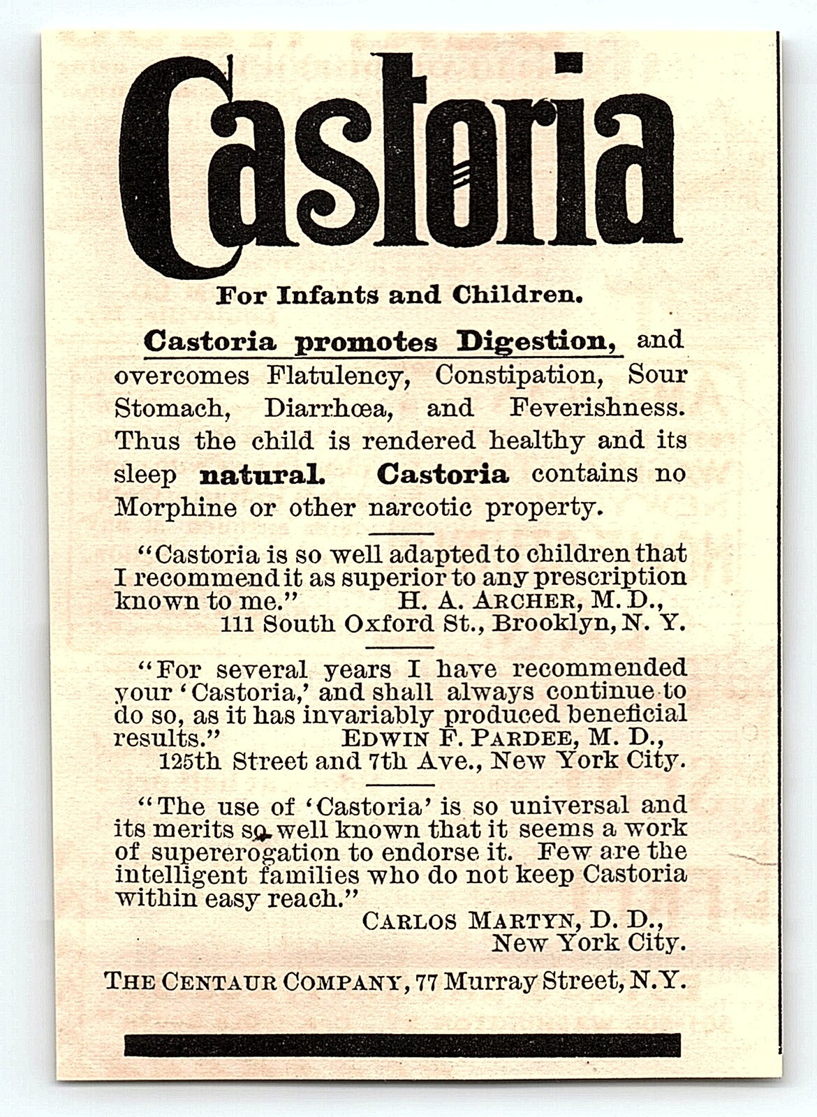 c1900 CASTORIA QUACK MEDICINE PROMOTES DIGESTION PRINT ADVERTISEMENT Z3497