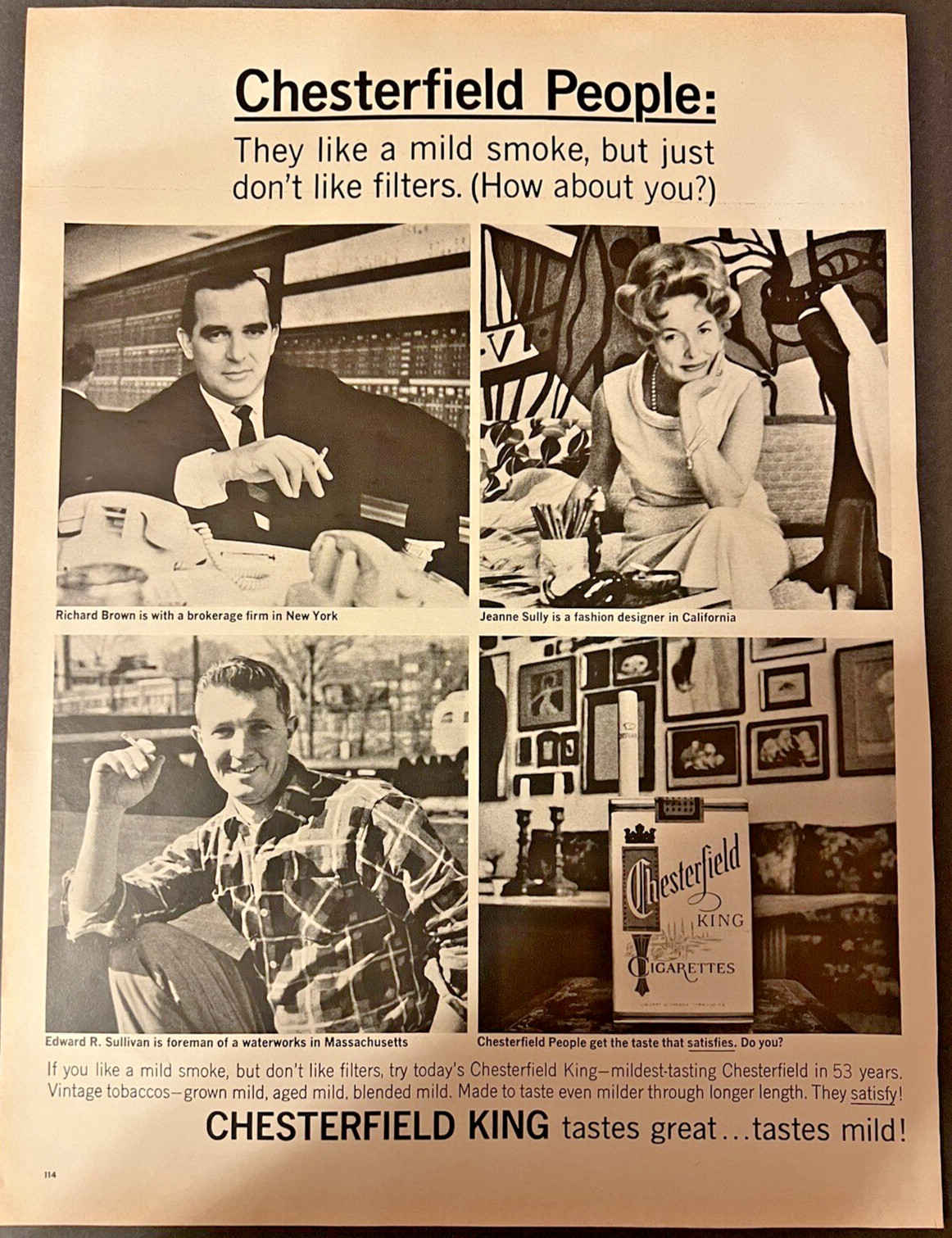 Vtg 1965 Chesterfield Kings Print Ad-Taste Great…Tastes Mild, satisfies