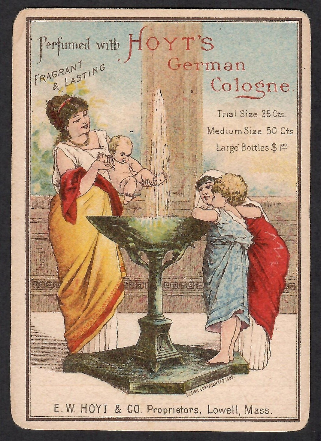 1883 VICTORIAN TRADE CARD~HOYT’S GERMAN COLOGNE~JOHN CHOATE, FITCHBURG, MASS