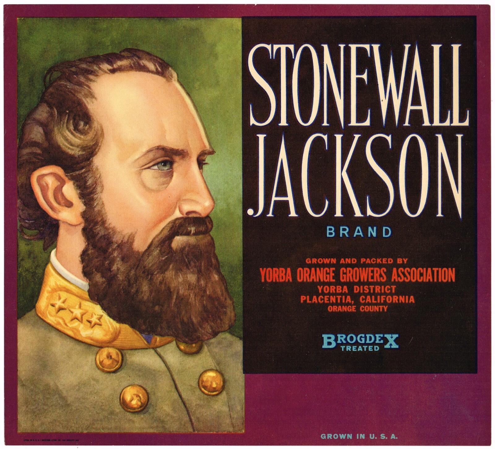 ORIGINAL ORANGE CRATE LABEL STONEWALL JACKSON PLACENTIA YORBA 1940S CIVIL WAR