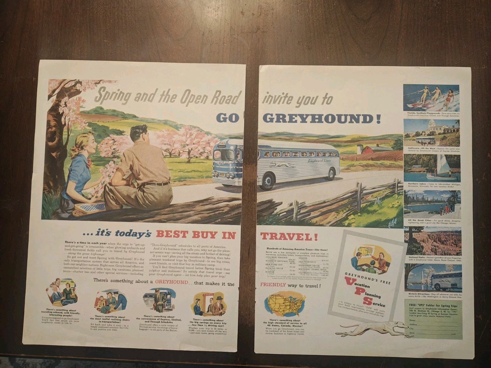 1950’s Greyhound Bus Two Full Page Color Vintage Magazine AD Nice Images