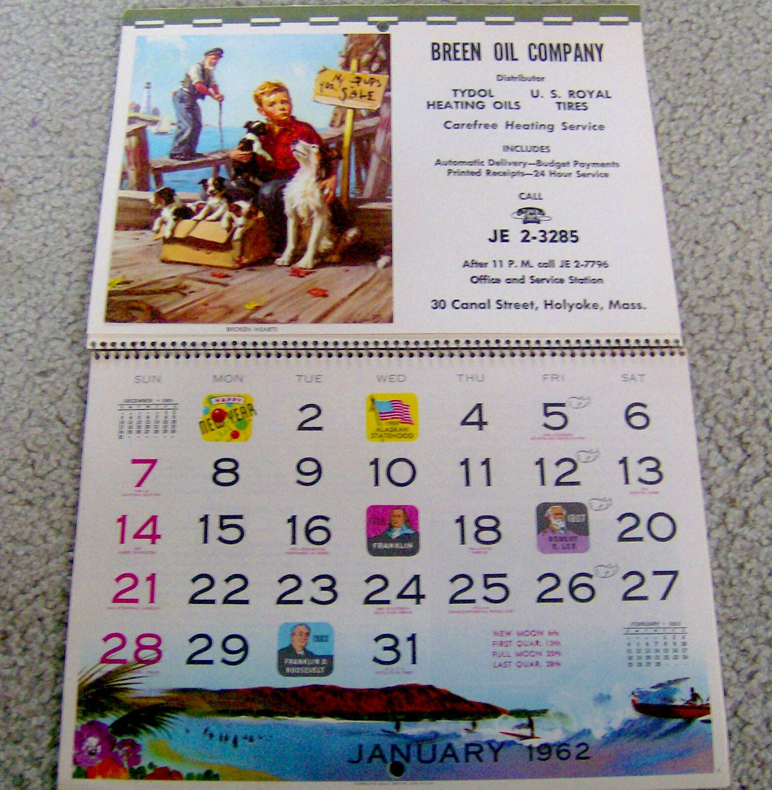 RARE vintage 1962 advertising calendar BREEN OIL COMPANY Holyoke Massachusetts