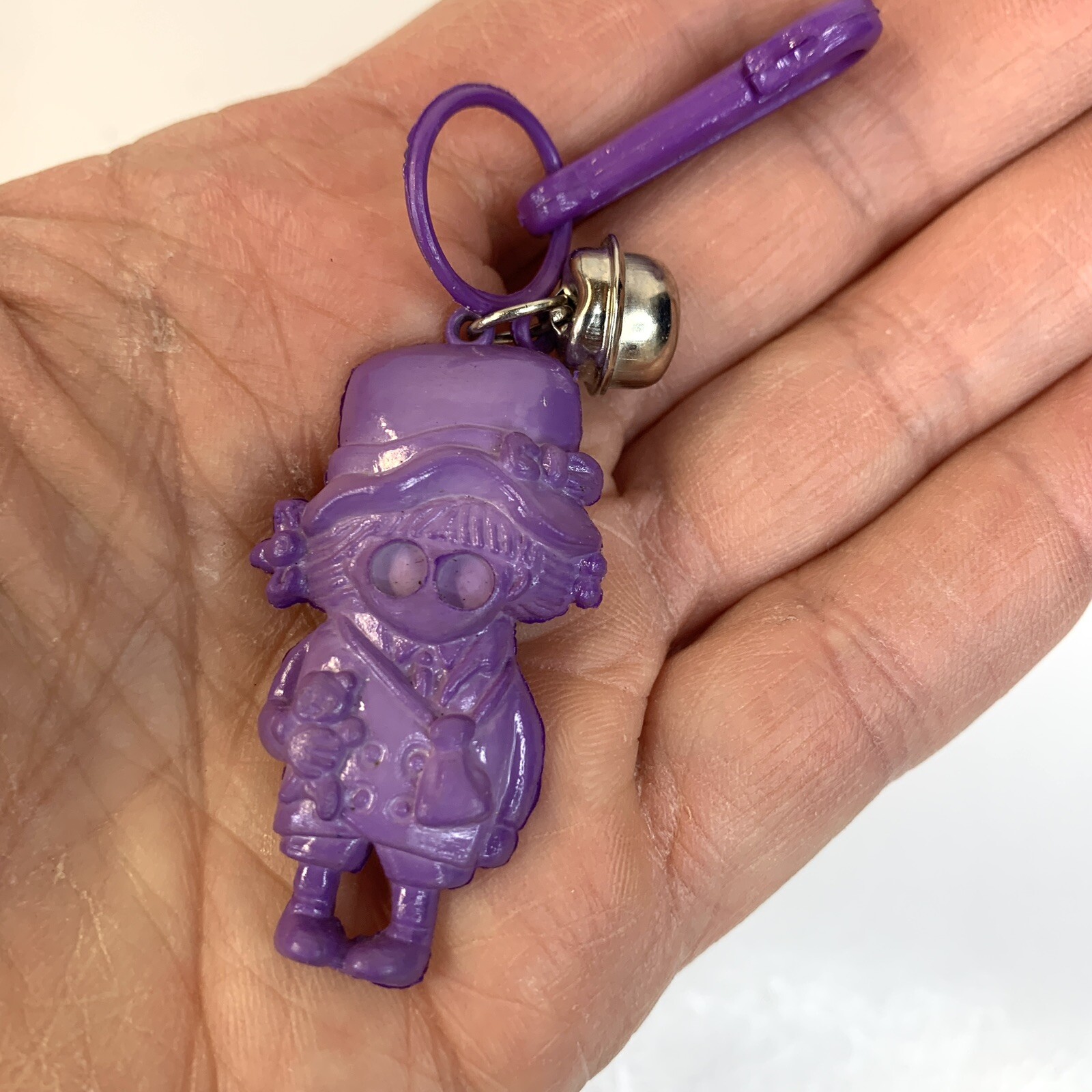 80s Girl w/Teddy-Bear Charm Purple Plastic Bell Clip-On 4/Necklace No Googly Eye