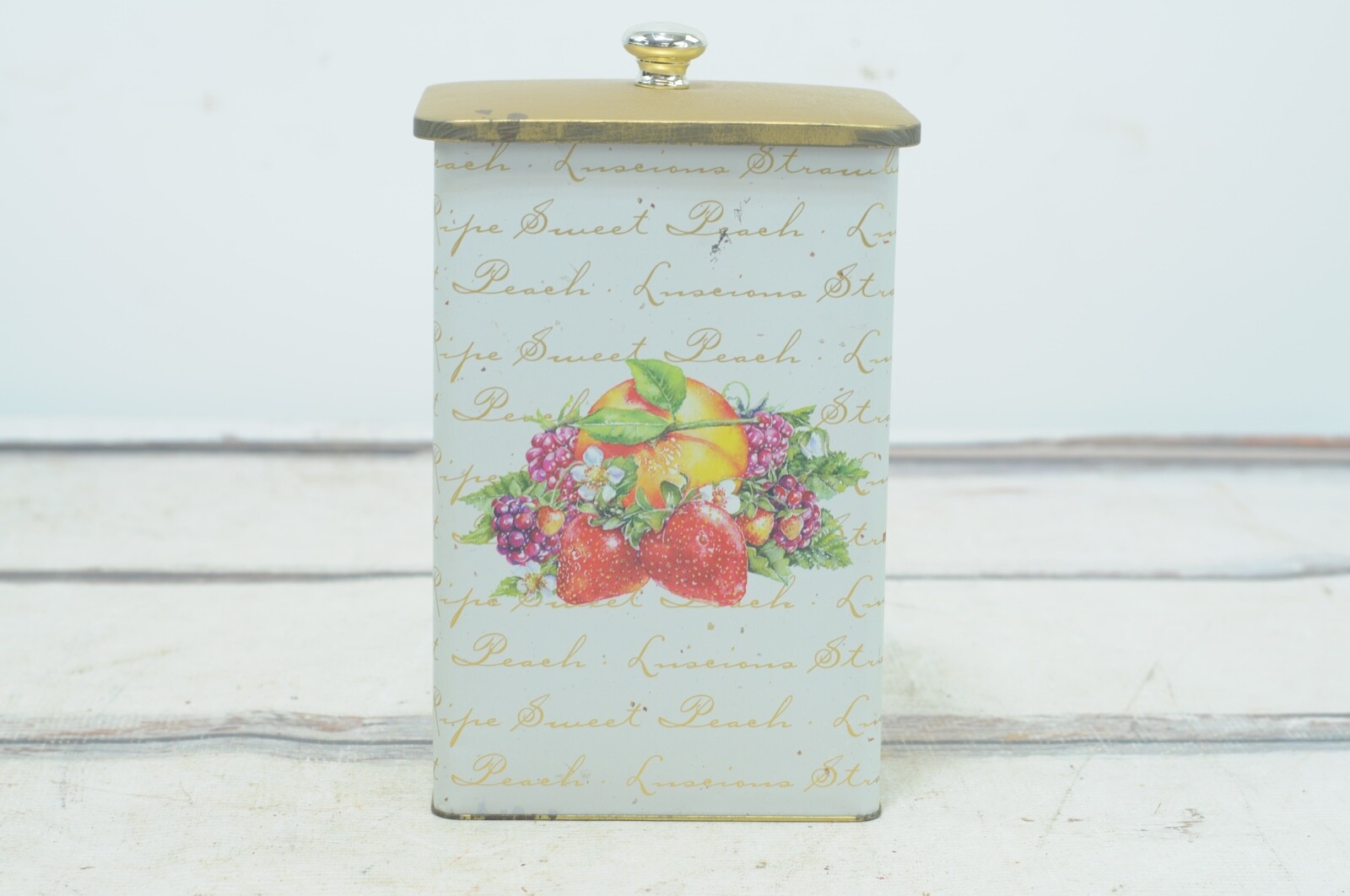 Vintage Cookie Tin Knots Berry Farm Shortbread Cookie Tin White and Gold Tall Ti